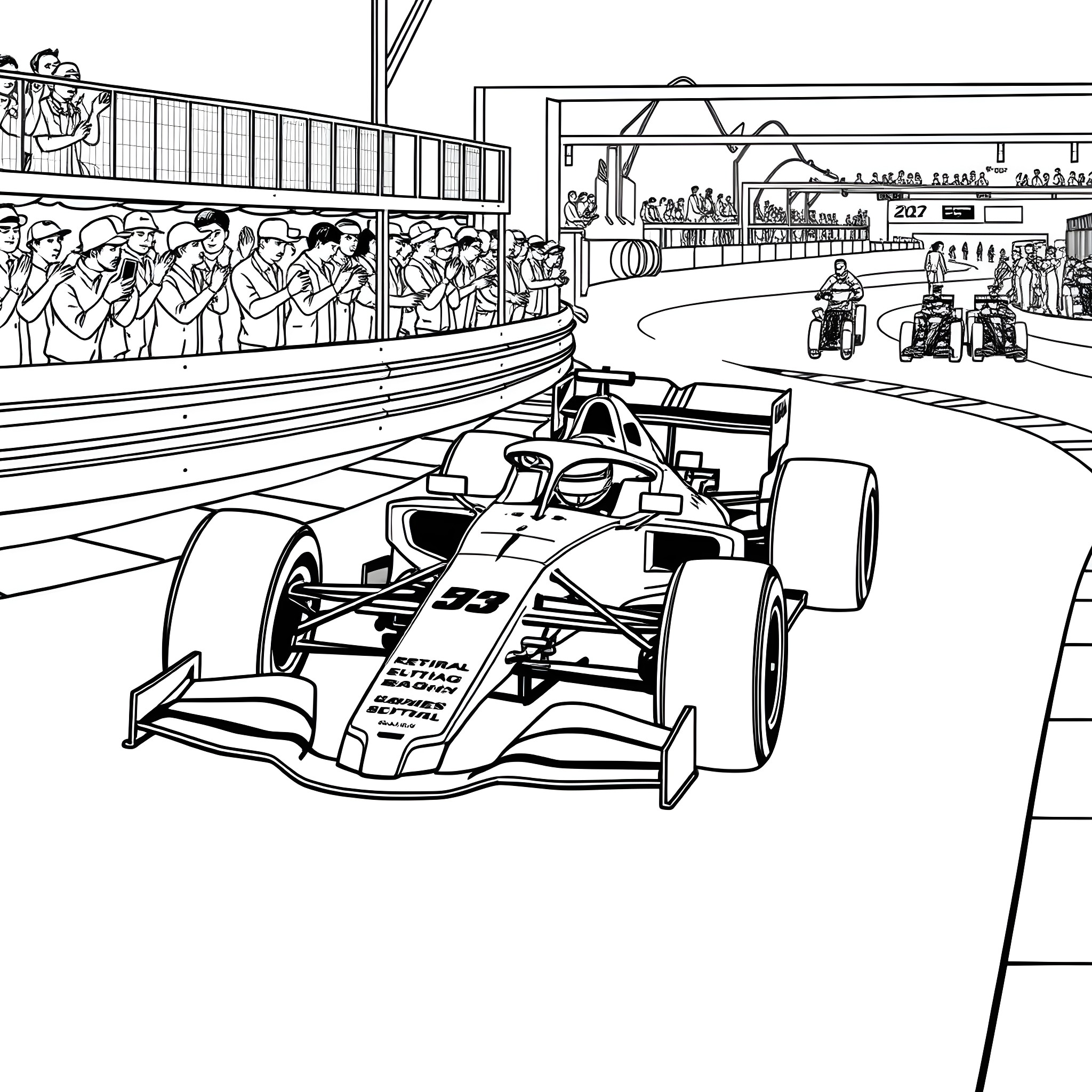 Lando Norris driving Formula One car on the track Coloring Page (free black-and-white line drawing printable PDF for all, from beginners to advanced learners, including children, teens, adults, and seniors)