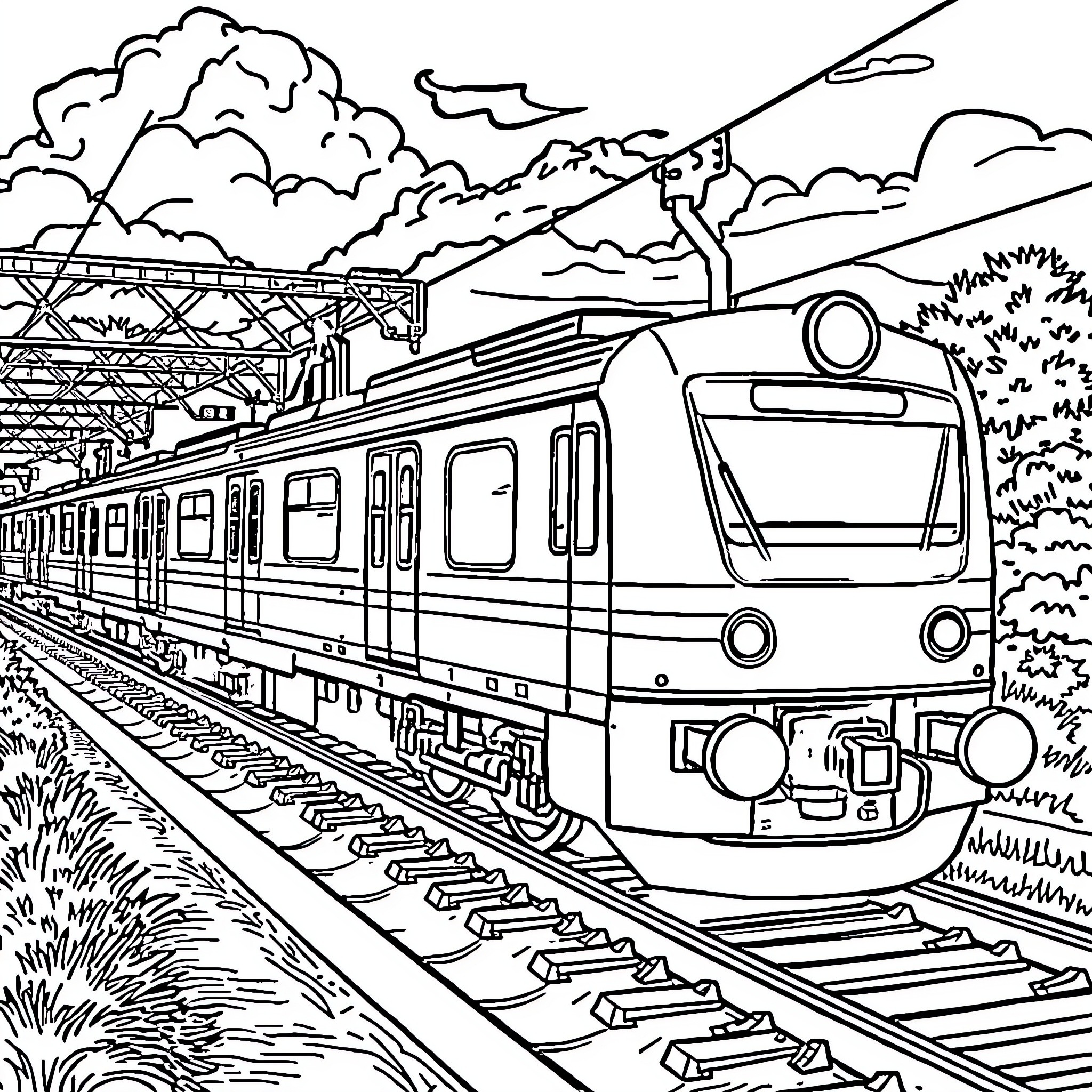 Train travelling through scenic landscape Coloring Page (free black-and-white line drawing printable PDF for all, from beginners to advanced learners, including children, teens, adults, and seniors)