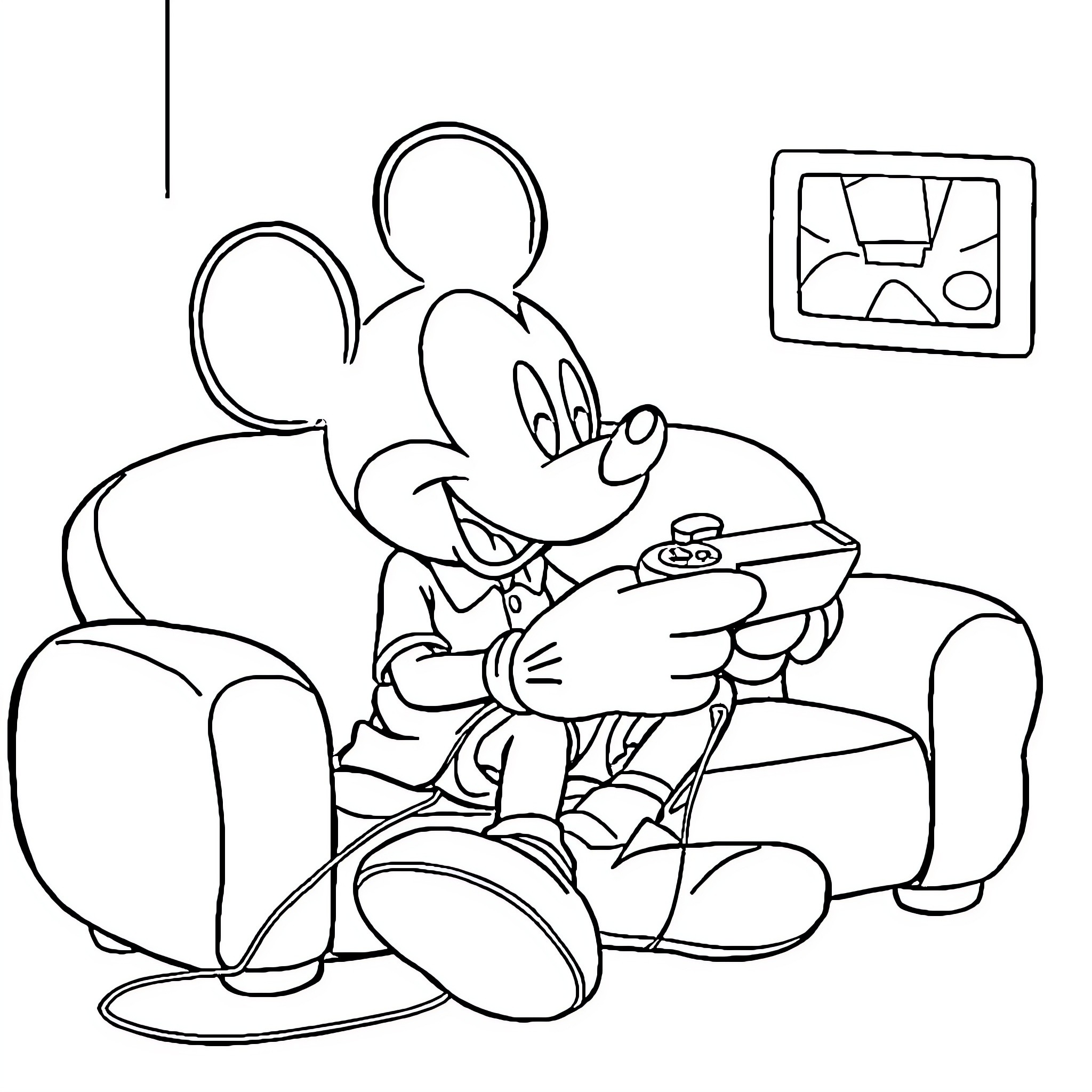 Mickey Mouse playing video games at home Coloring Page (free black-and-white line drawing printable PDF for all, from beginners to advanced learners, including children, teens, adults, and seniors)
