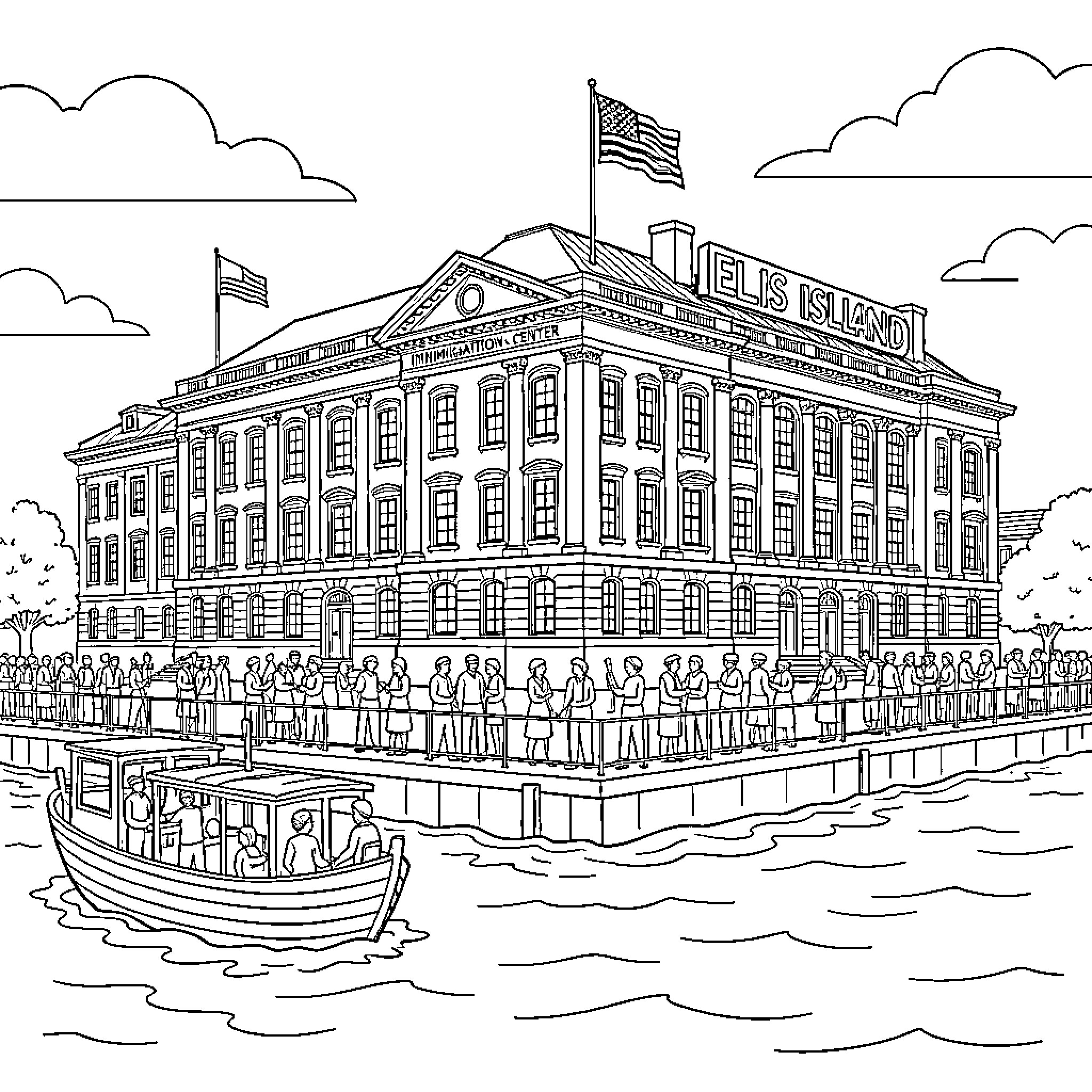 Ellis Island: Historic Immigration Station with American Flags Coloring Page (free black-and-white line drawing printable PDF for all, from beginners to advanced learners, including children, teens, adults, and seniors)
