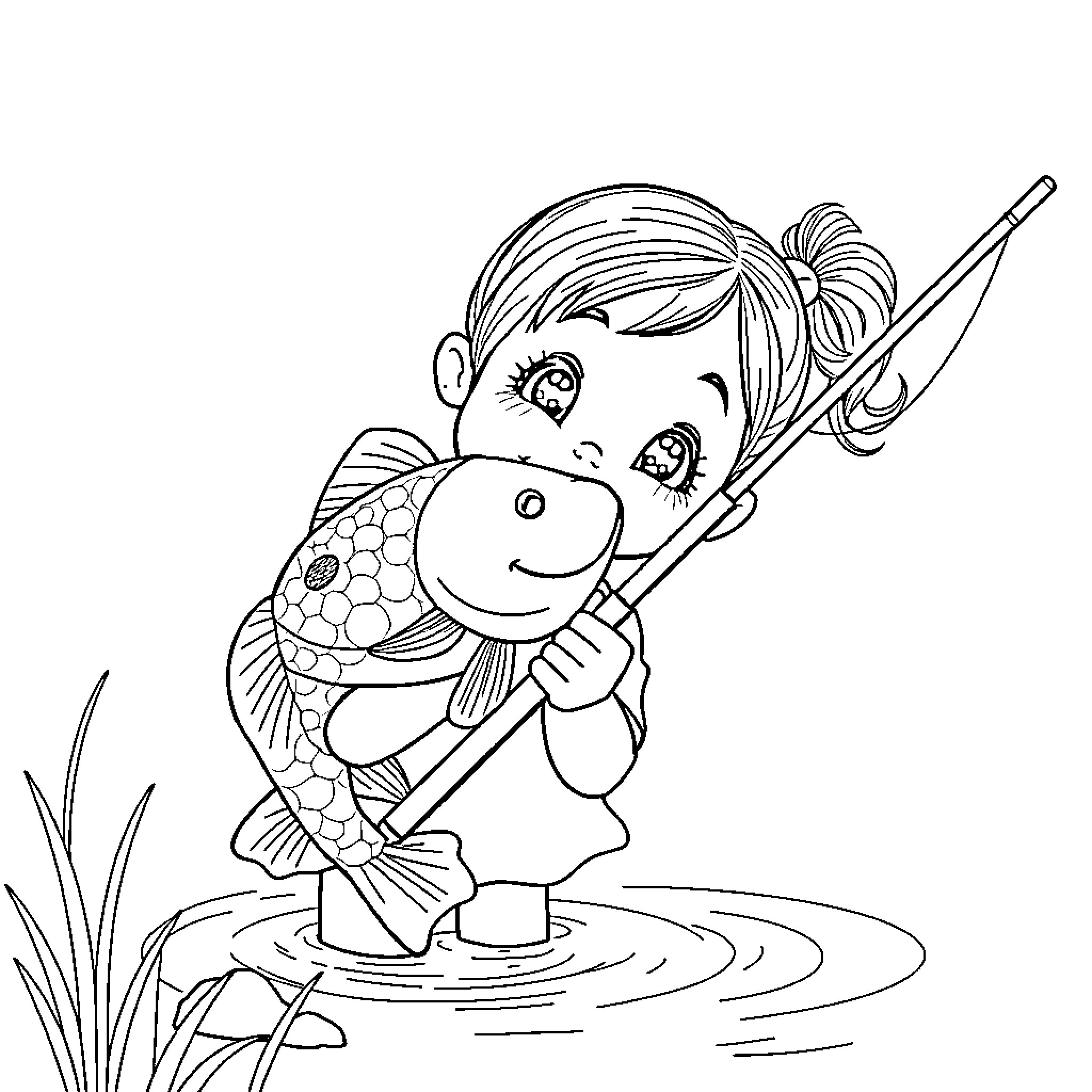 Girl fishing happily in a pond Coloring Page (free black-and-white line drawing printable PDF for all, from beginners to advanced learners, including children, teens, adults, and seniors)