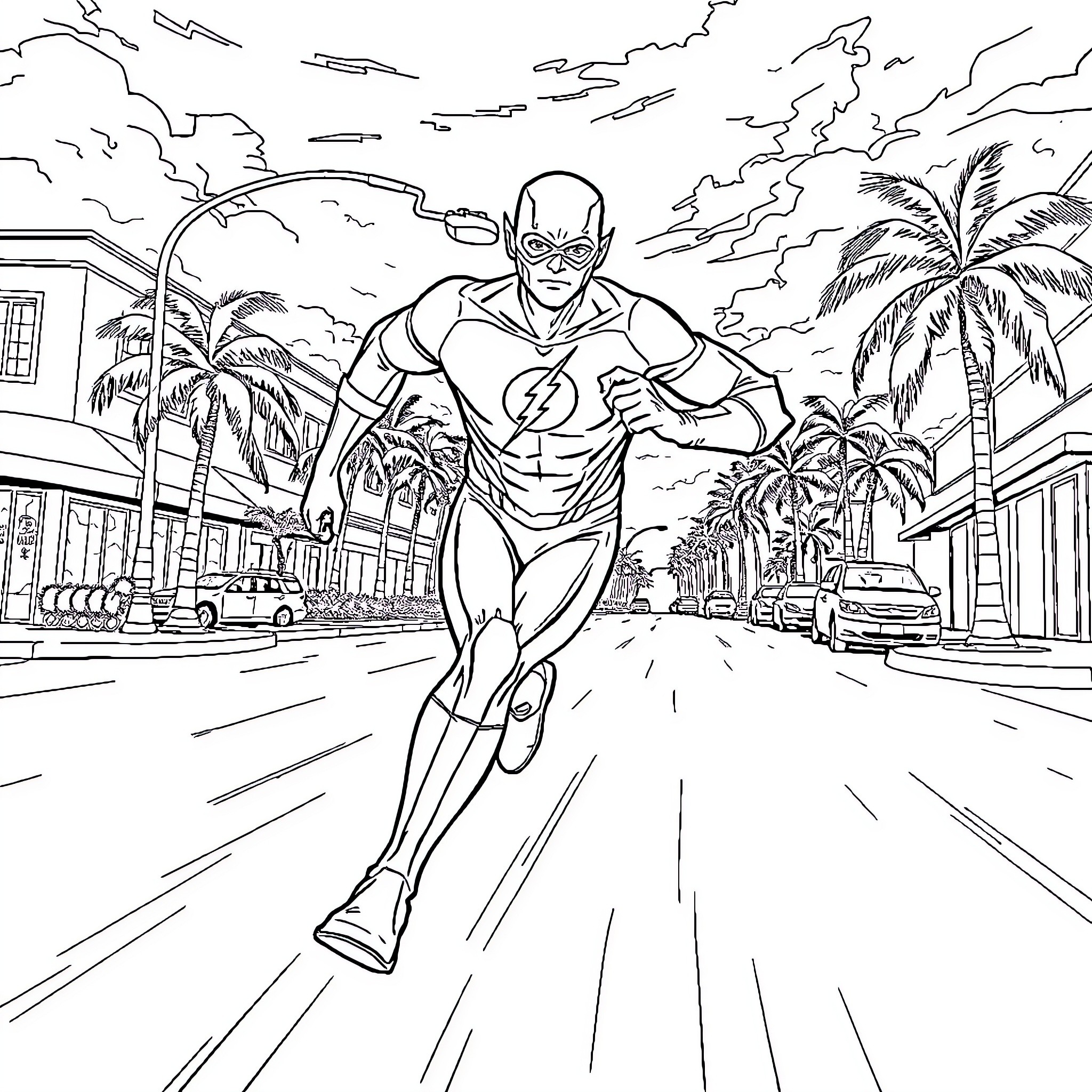 Flash races through a tropical city Coloring Page (free black-and-white line drawing printable PDF for all, from beginners to advanced learners, including children, teens, adults, and seniors)
