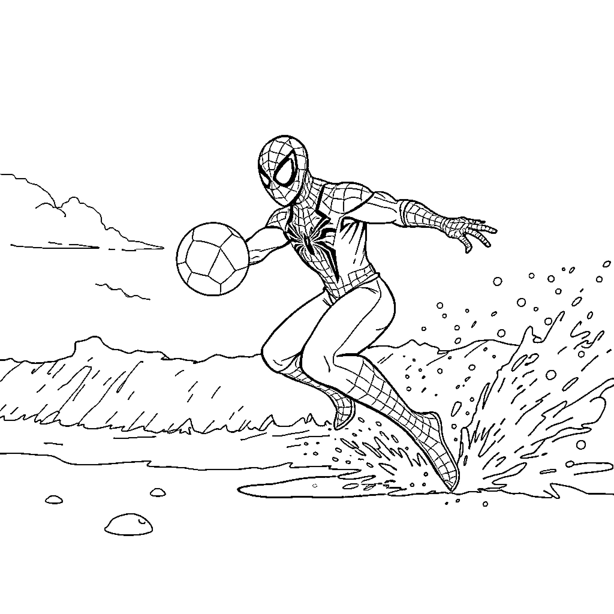 Spiderman surfing through the waves Coloring Page (free black-and-white line drawing printable PDF for all, from beginners to advanced learners, including children, teens, adults, and seniors)