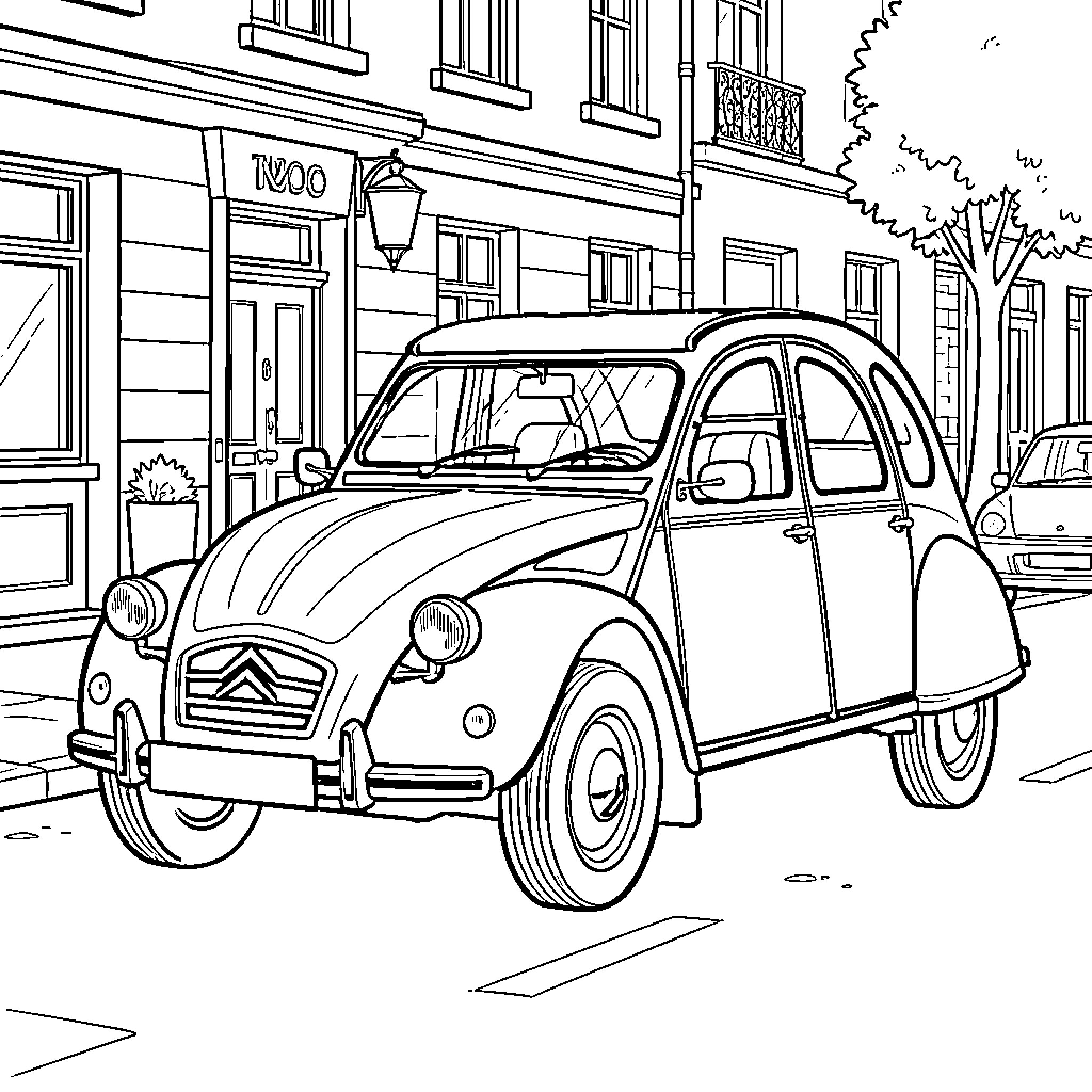Citroen parked on a quiet city street Coloring Page (free black-and-white line drawing printable PDF for all, from beginners to advanced learners, including children, teens, adults, and seniors)
