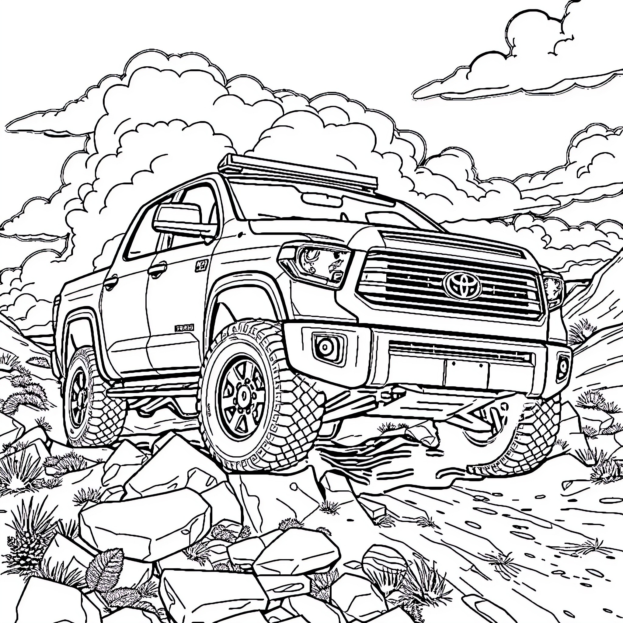 Toyota Tundra Truck Navigating Rugged Terrain Coloring Page (free black-and-white line drawing printable PDF for all, from beginners to advanced learners, including children, teens, adults, and seniors)