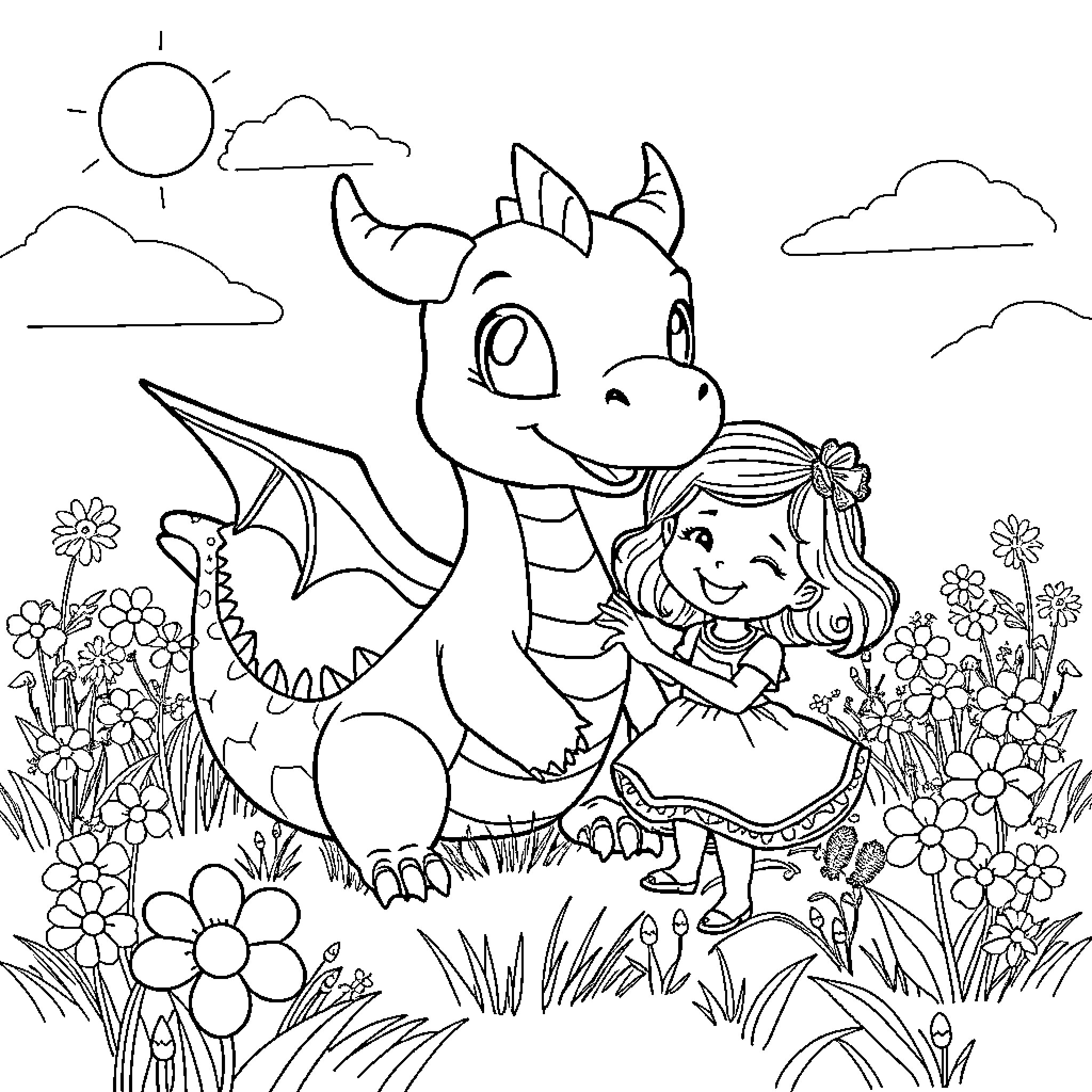 Dragon and Girl playing in Flower Garden Coloring Page (free black-and-white line drawing printable PDF for all, from beginners to advanced learners, including children, teens, adults, and seniors)