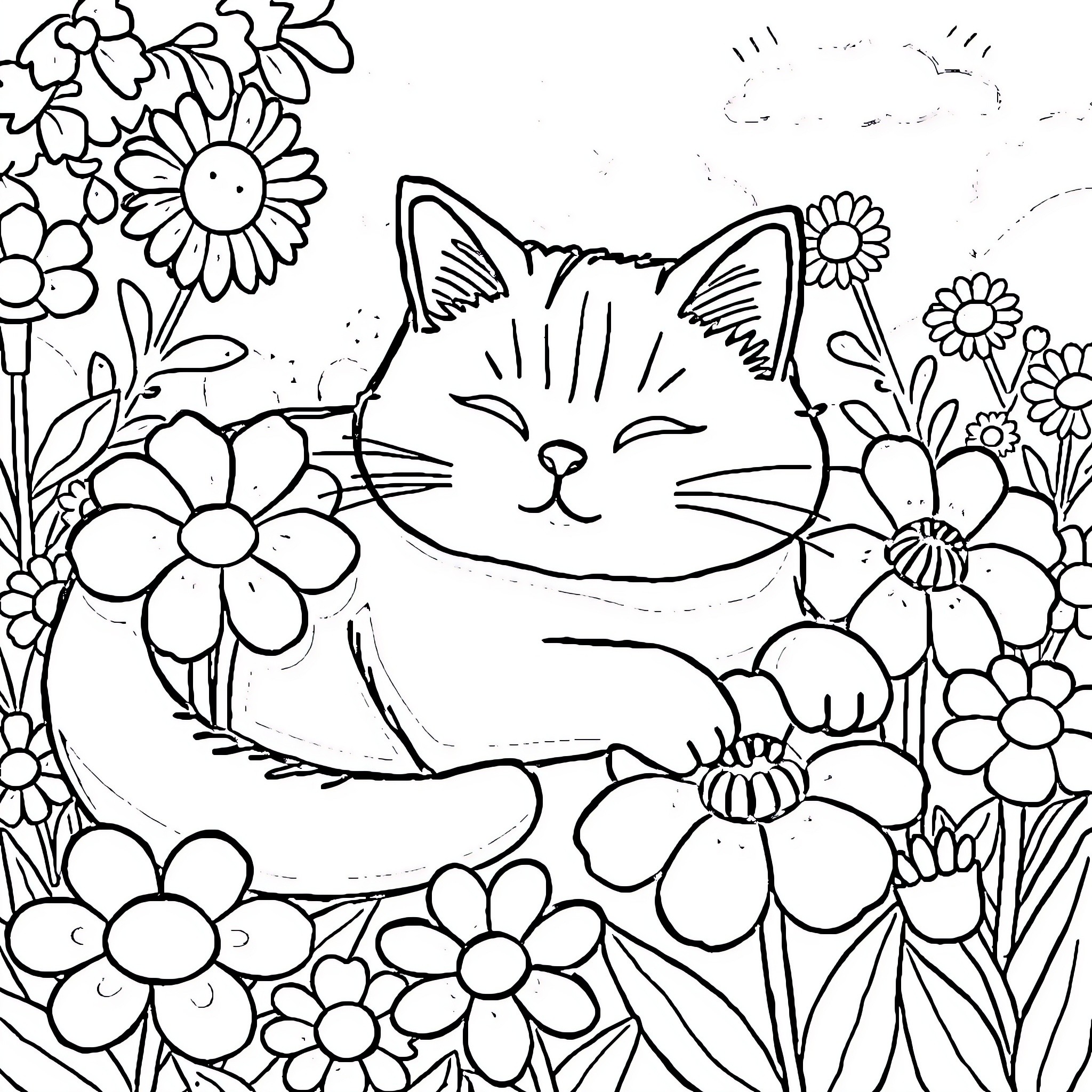 Pusheen resting peacefully among vibrant flowers Coloring Page (free black-and-white line drawing printable PDF for all, from beginners to advanced learners, including children, teens, adults, and seniors)