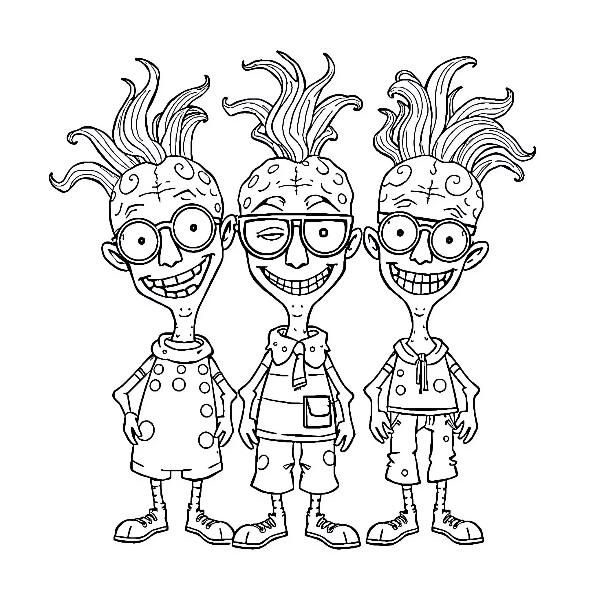 Brainrot Character Trio of Quirky and Expressive Figures Coloring Page (free black-and-white line drawing printable PDF for all, from beginners to advanced learners, including children, teens, adults, and seniors)