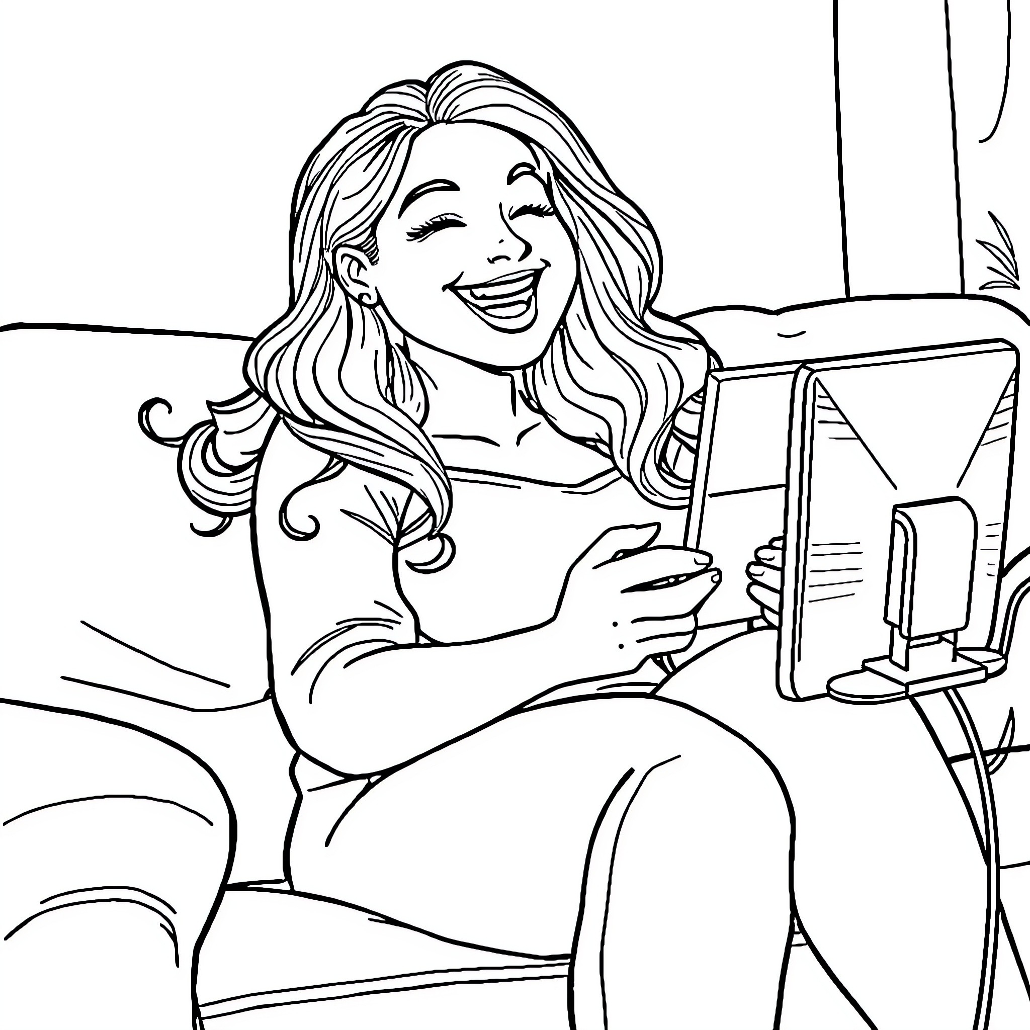 Woman using mobile device with a smile Coloring Page (free black-and-white line drawing printable PDF for all, from beginners to advanced learners, including children, teens, adults, and seniors)
