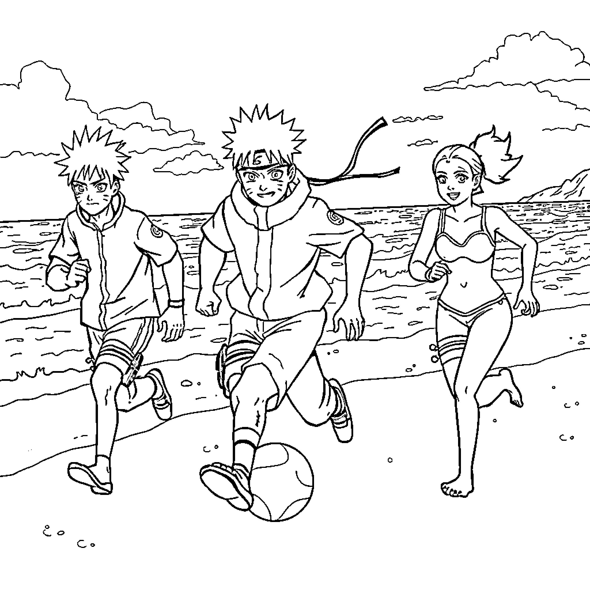 Naruto and friends playing soccer on the beach Coloring Page (free black-and-white line drawing printable PDF for all, from beginners to advanced learners, including children, teens, adults, and seniors)