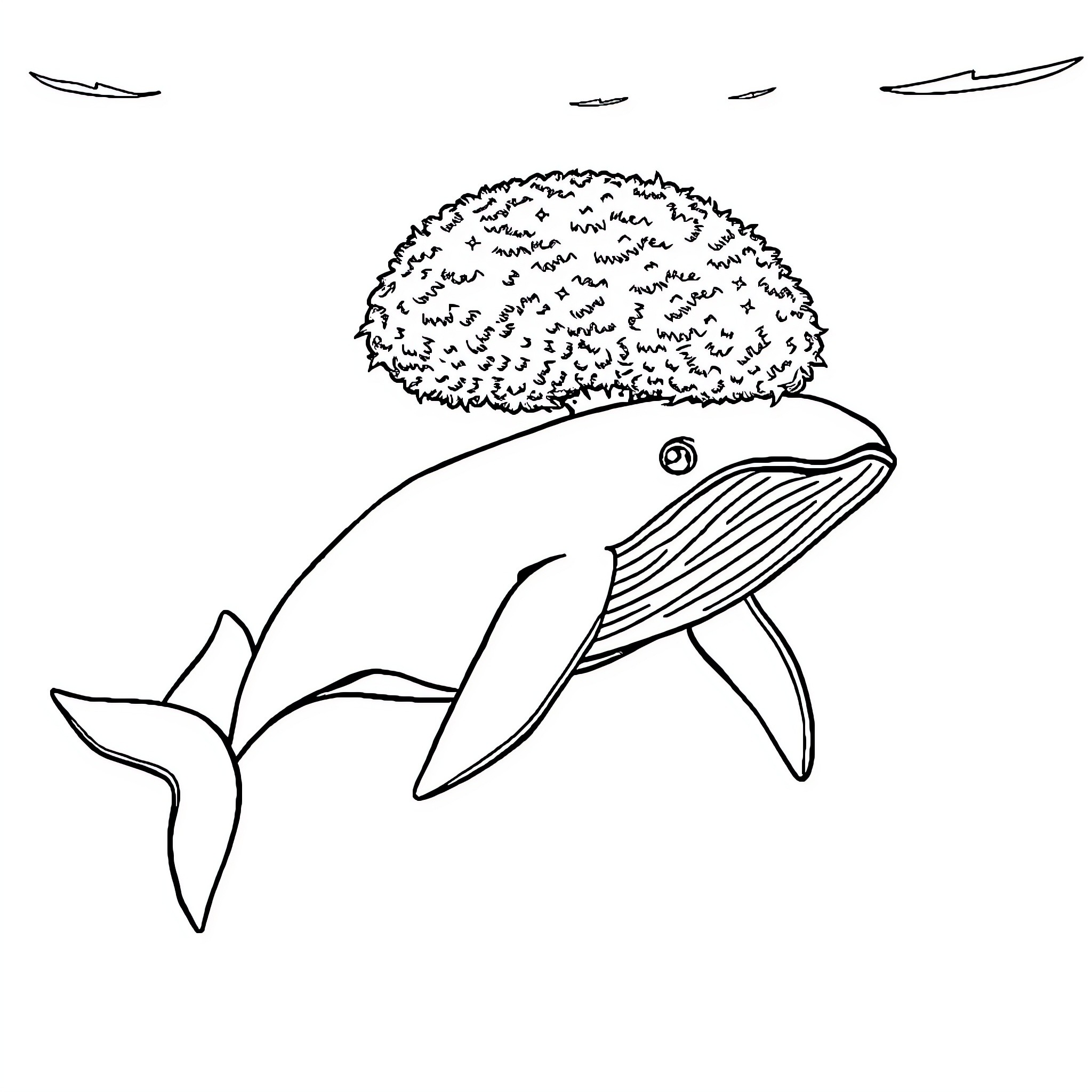 Whale surfacing with floating cloud-like object Coloring Page (free black-and-white line drawing printable PDF for all, from beginners to advanced learners, including children, teens, adults, and seniors)