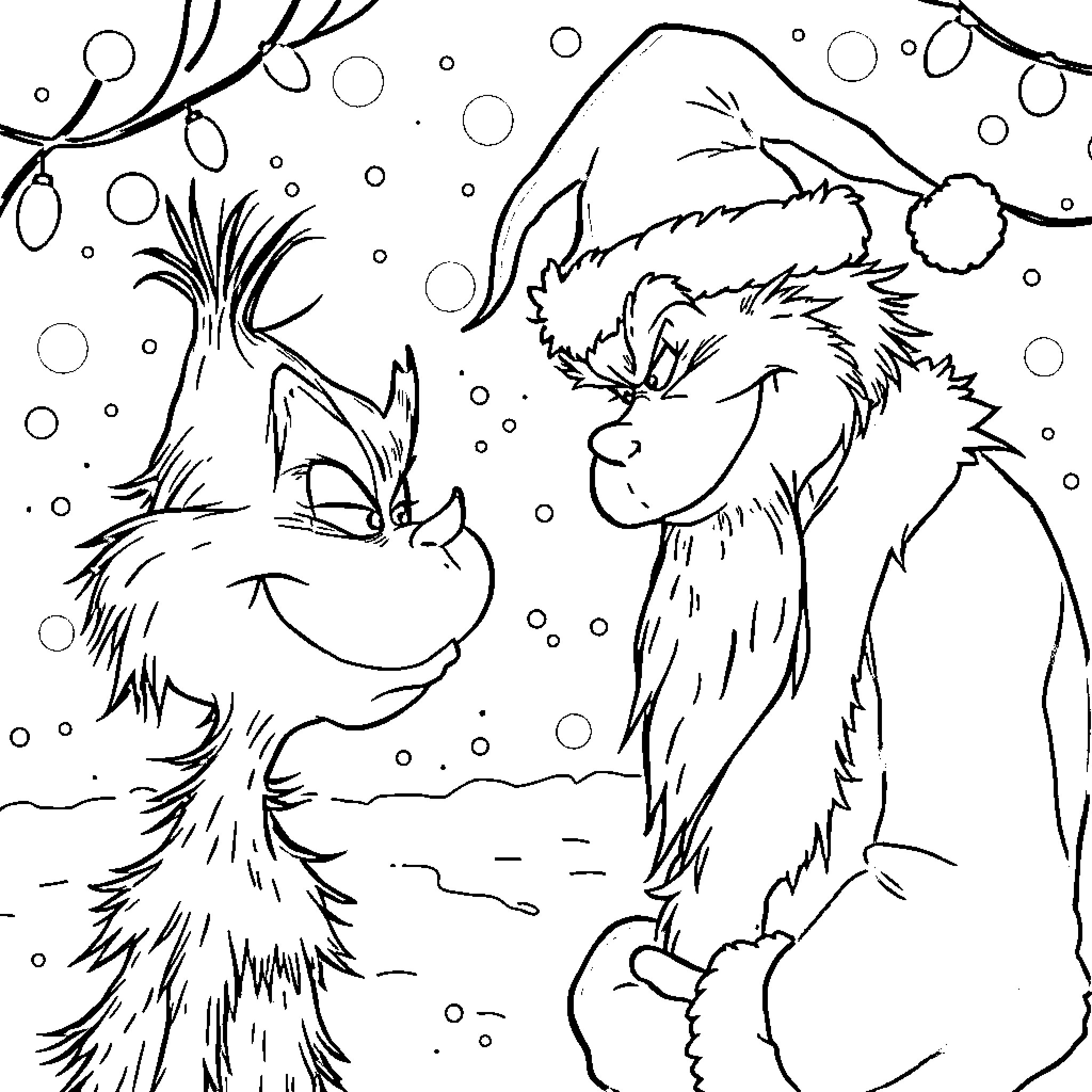Santa Wolves in Snowy Winter Wonderland Coloring Page (free black-and-white line drawing printable PDF for all, from beginners to advanced learners, including children, teens, adults, and seniors)