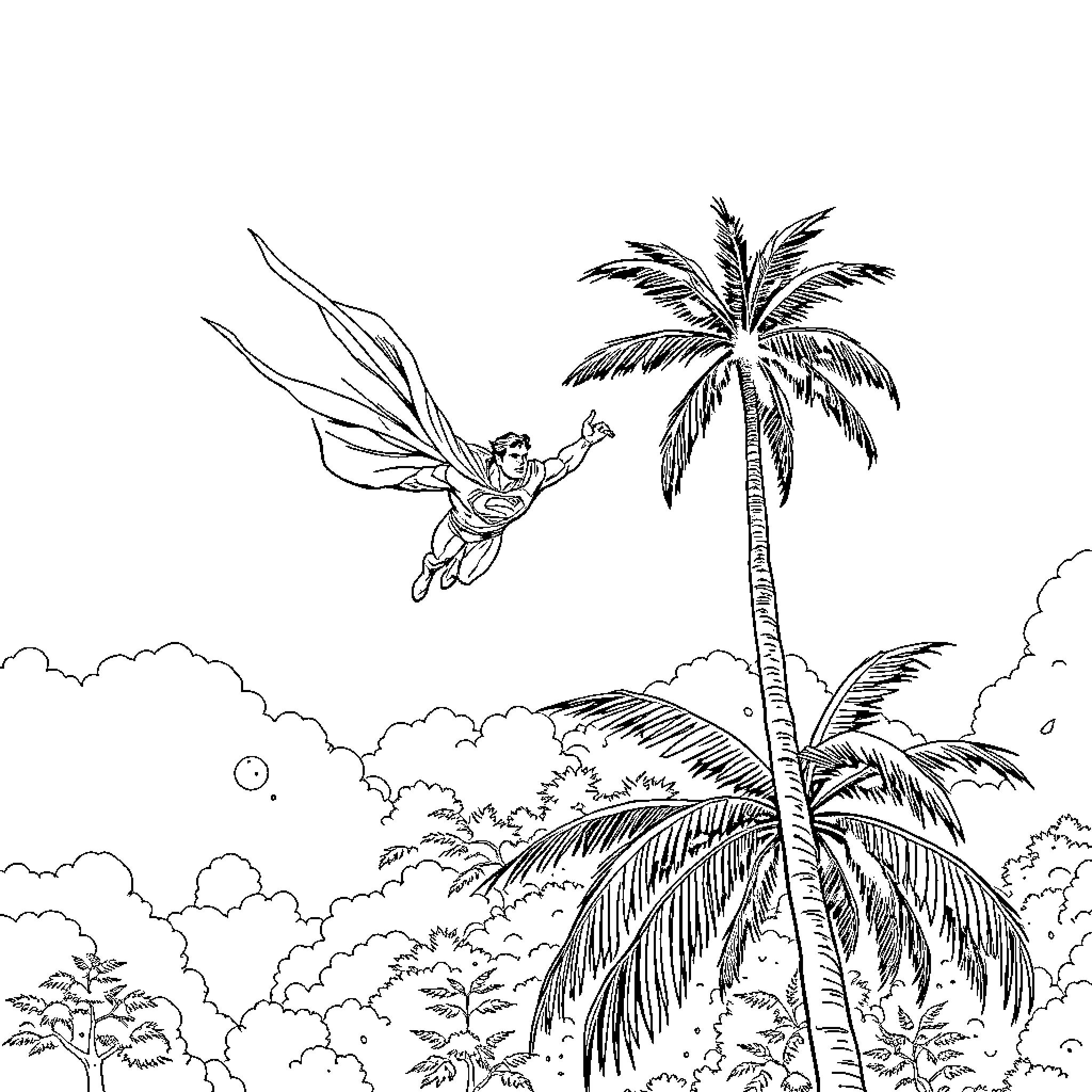 Superman soaring over a tropical paradise Coloring Page (free black-and-white line drawing printable PDF for all, from beginners to advanced learners, including children, teens, adults, and seniors)