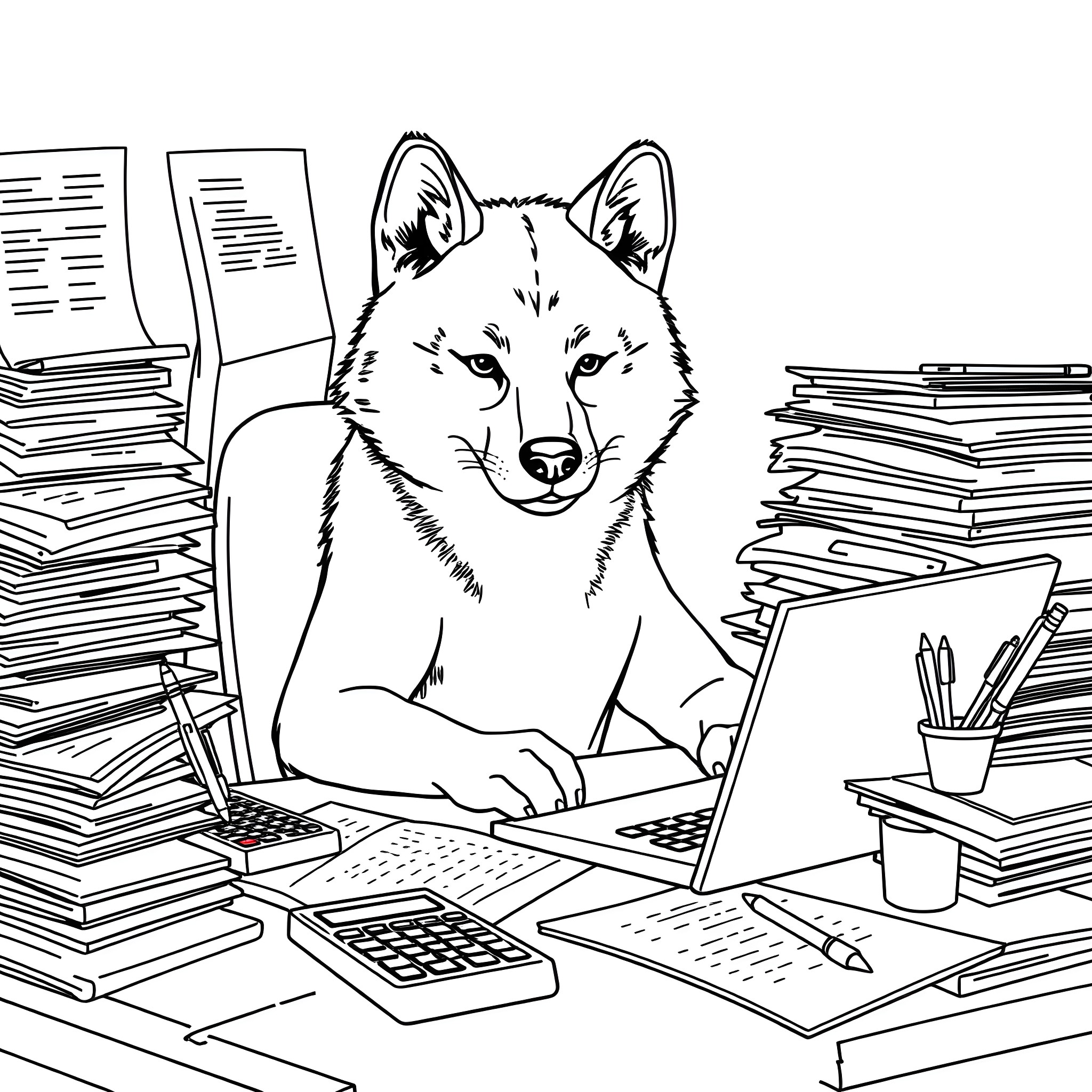 Shiba Inu hard at work on computer in messy office Coloring Page (free black-and-white line drawing printable PDF for all, from beginners to advanced learners, including children, teens, adults, and seniors)