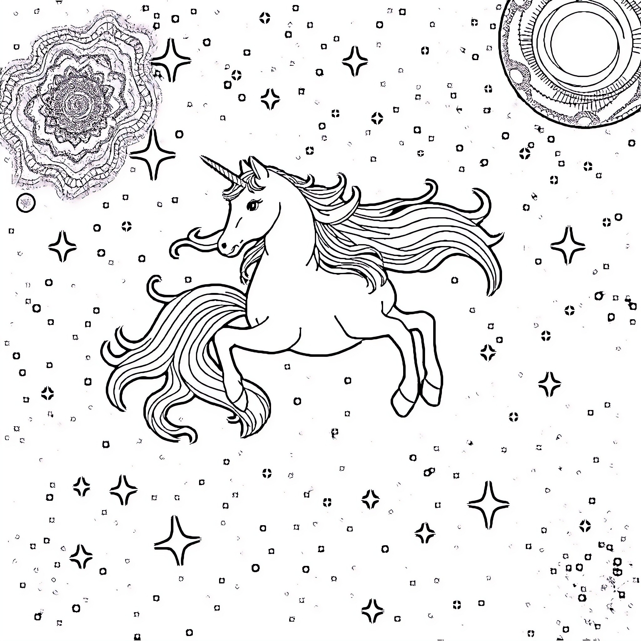 Unicorn galloping through a starry night sky Coloring Page (free black-and-white line drawing printable PDF for all, from beginners to advanced learners, including children, teens, adults, and seniors)