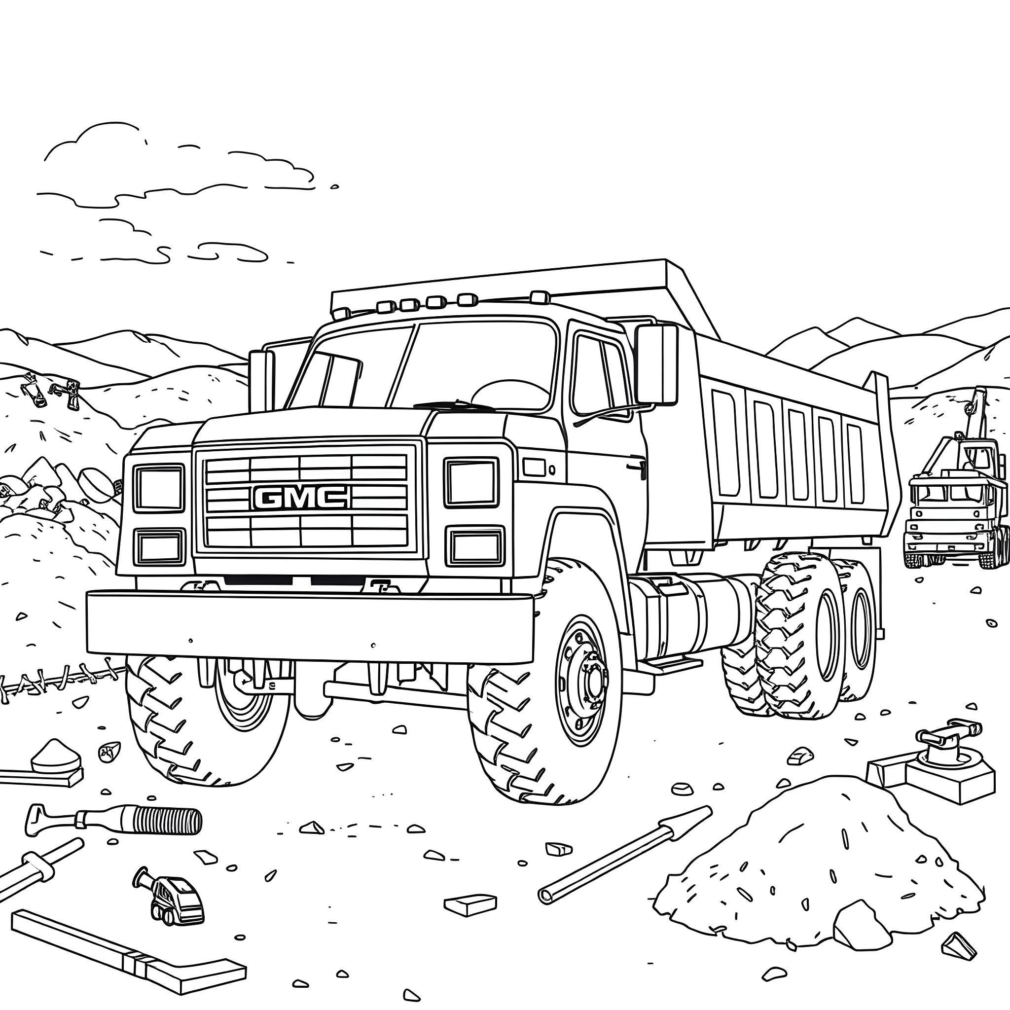 GMC Dump Truck in Outdoor Construction Site Coloring Page (free black-and-white line drawing printable PDF for all, from beginners to advanced learners, including children, teens, adults, and seniors)