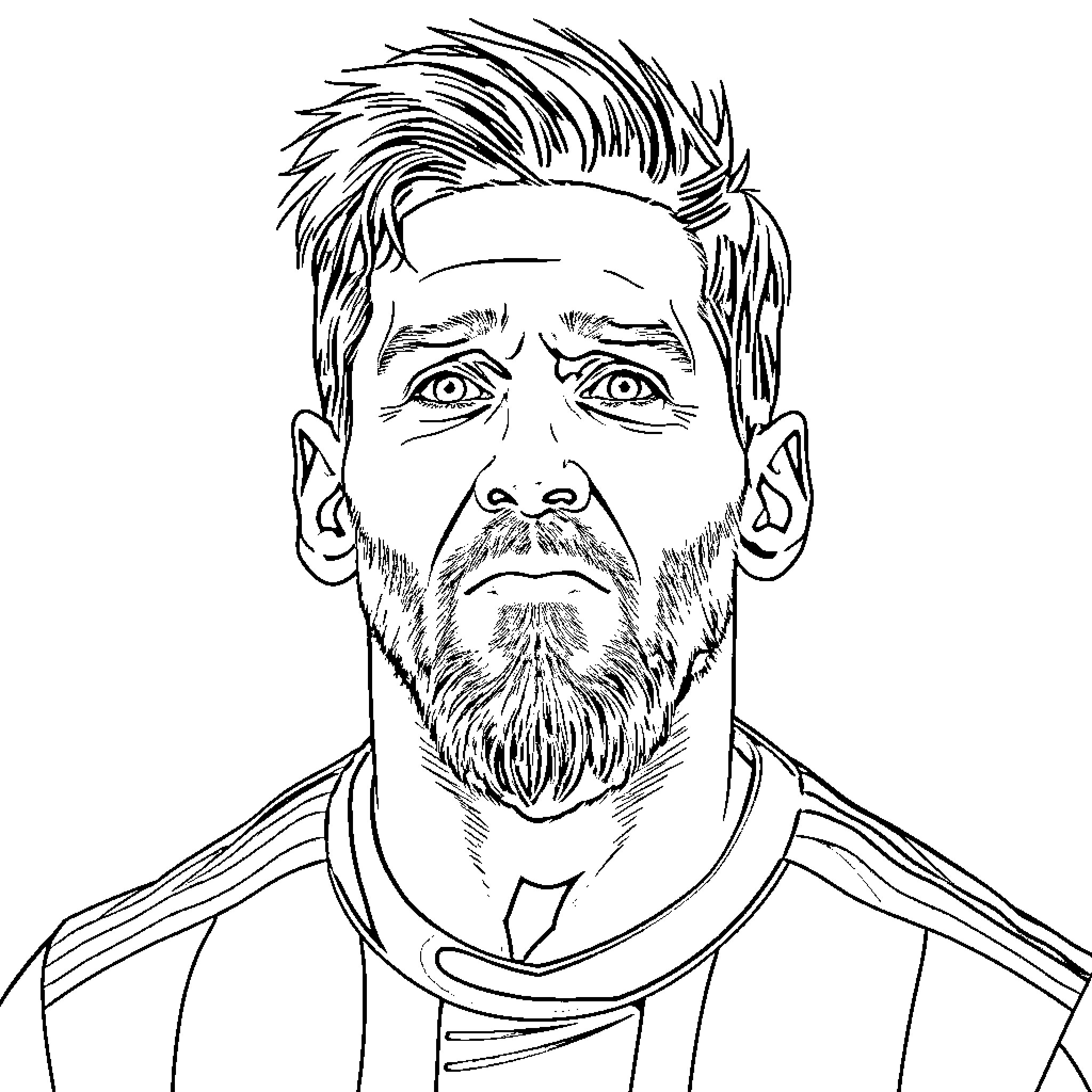 Messi's intense gaze and determined expression Coloring Page (free black-and-white line drawing printable PDF for all, from beginners to advanced learners, including children, teens, adults, and seniors)