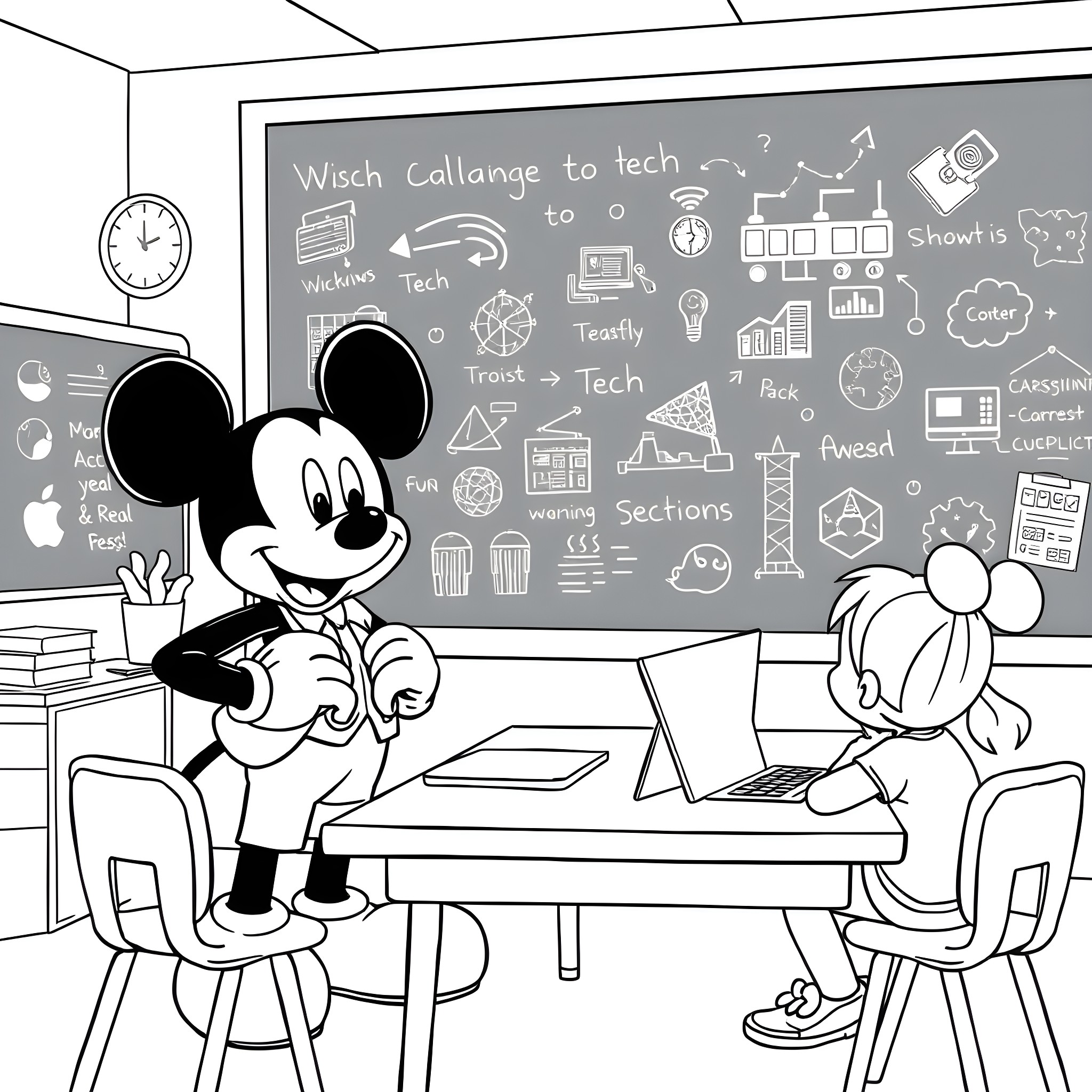 Mickey Mouse and Minnie Mouse working at a desk in a tech classroom Coloring Page (free black-and-white line drawing printable PDF for all, from beginners to advanced learners, including children, teens, adults, and seniors)
