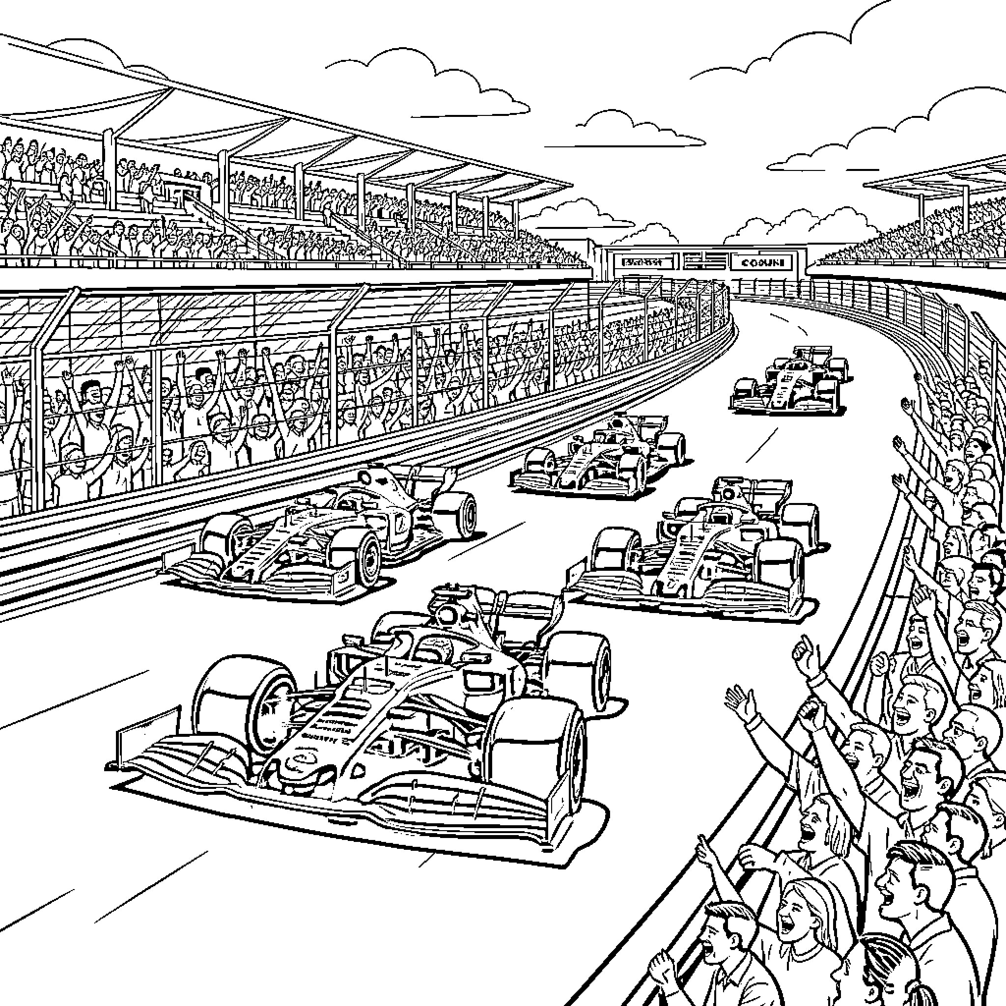 Formula 1 Racing Action and Excitement in the Stands Coloring Page (free black-and-white line drawing printable PDF for all, from beginners to advanced learners, including children, teens, adults, and seniors)