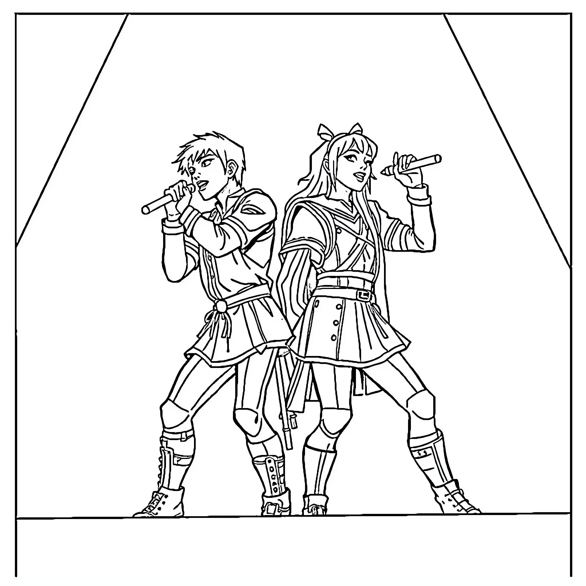 Labubu performing duet with partner on stage Coloring Page (free black-and-white line drawing printable PDF for all, from beginners to advanced learners, including children, teens, adults, and seniors)