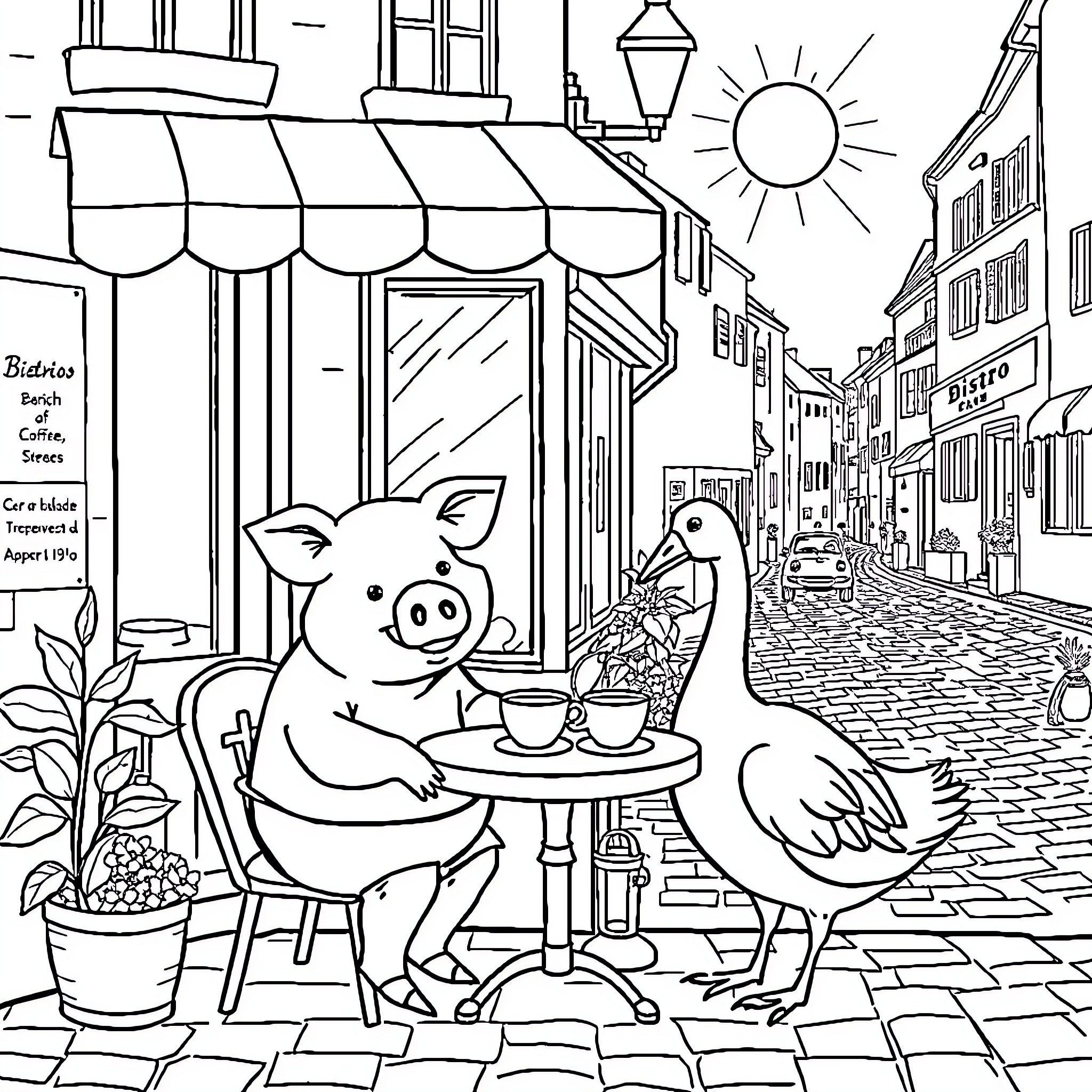 Pig enjoying coffee and conversation with duck in quaint town Coloring Page (free black-and-white line drawing printable PDF for all, from beginners to advanced learners, including children, teens, adults, and seniors)