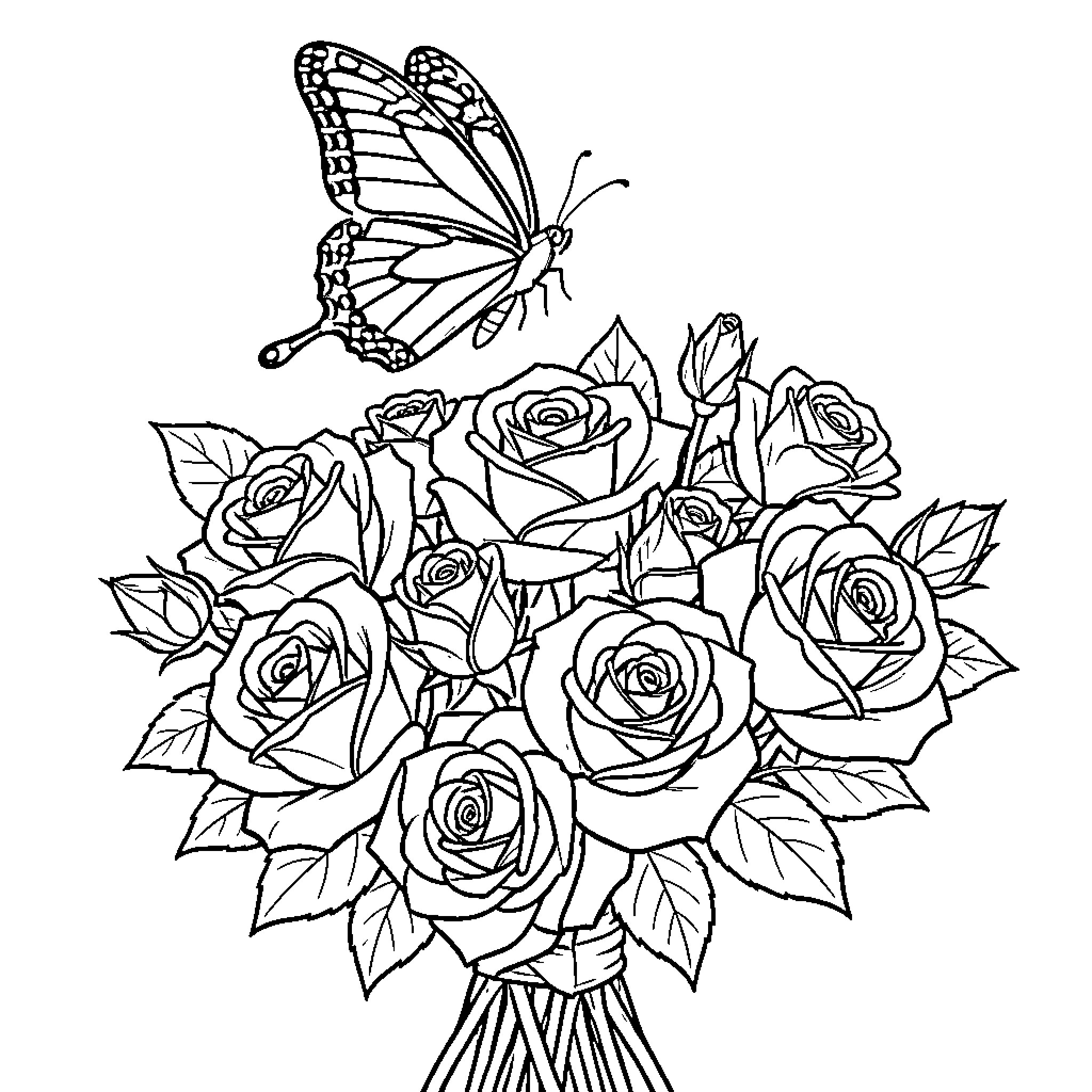Butterfly flying above a beautiful bouquet of roses Coloring Page (free black-and-white line drawing printable PDF for all, from beginners to advanced learners, including children, teens, adults, and seniors)