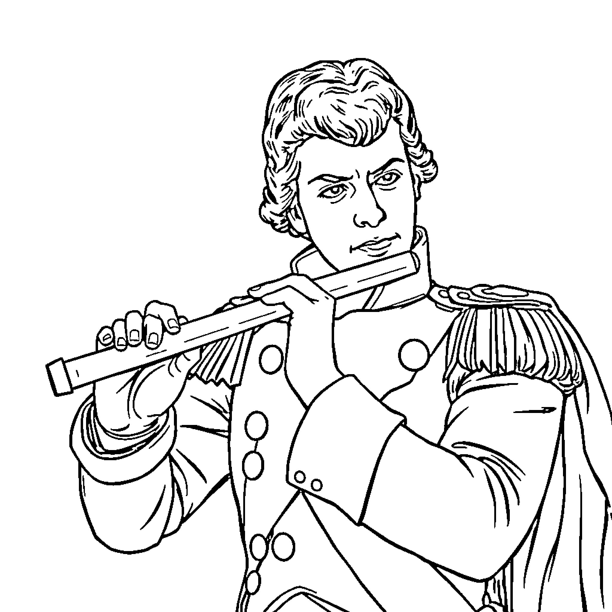 Napoleon Plays a Musical Instrument Passionately Coloring Page (free black-and-white line drawing printable PDF for all, from beginners to advanced learners, including children, teens, adults, and seniors)