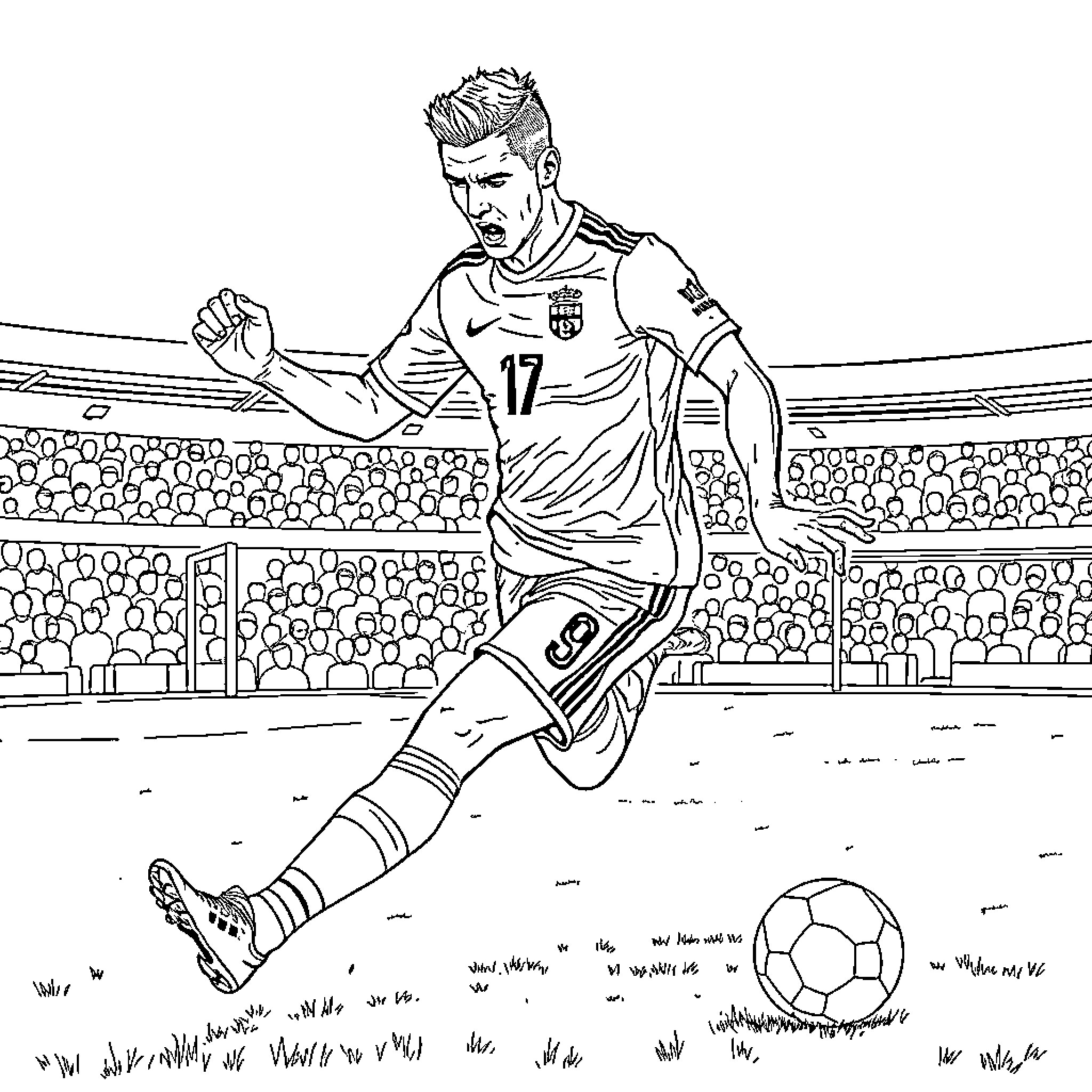 Cr7 soccer player in action on the field Coloring Page (free black-and-white line drawing printable PDF for all, from beginners to advanced learners, including children, teens, adults, and seniors)
