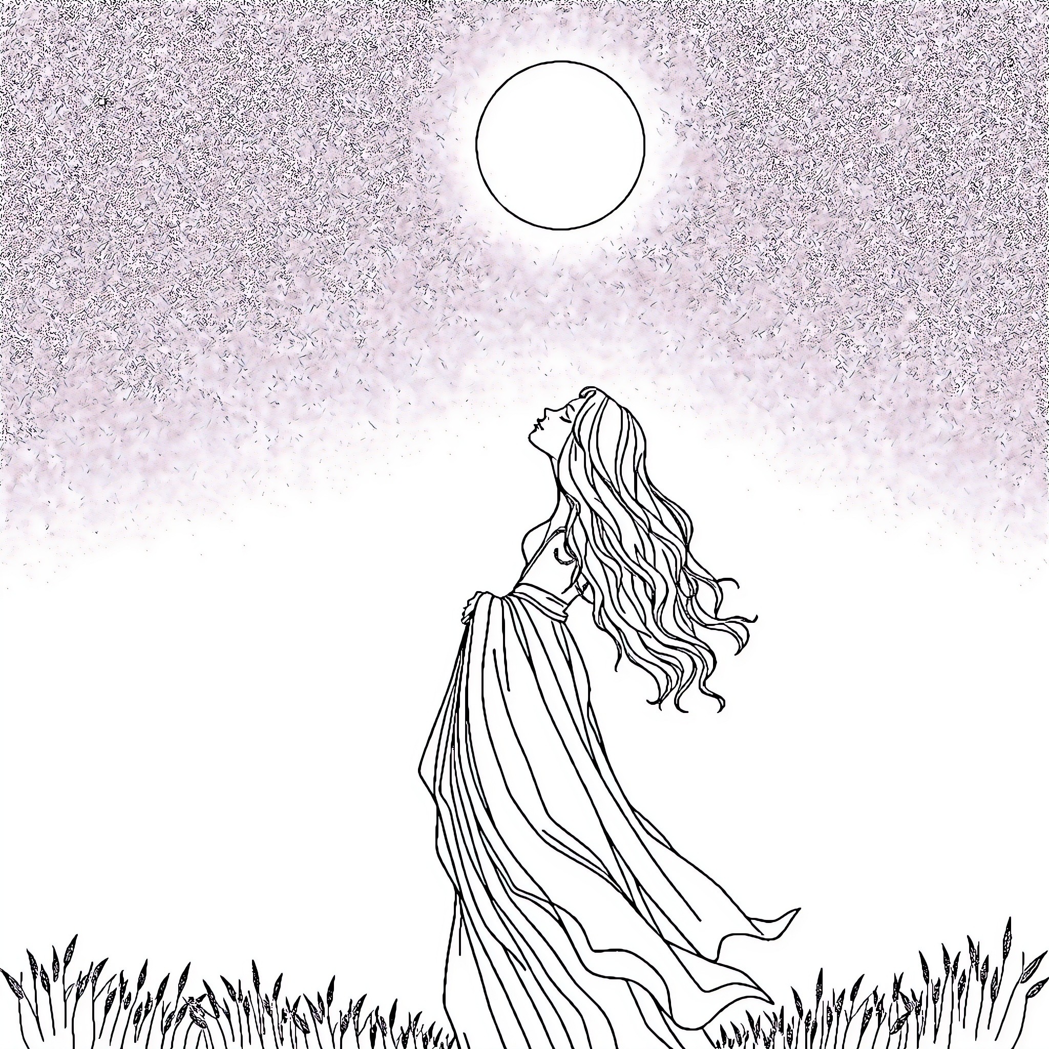 Woman standing in a moonlit field Coloring Page (free black-and-white line drawing printable PDF for all, from beginners to advanced learners, including children, teens, adults, and seniors)
