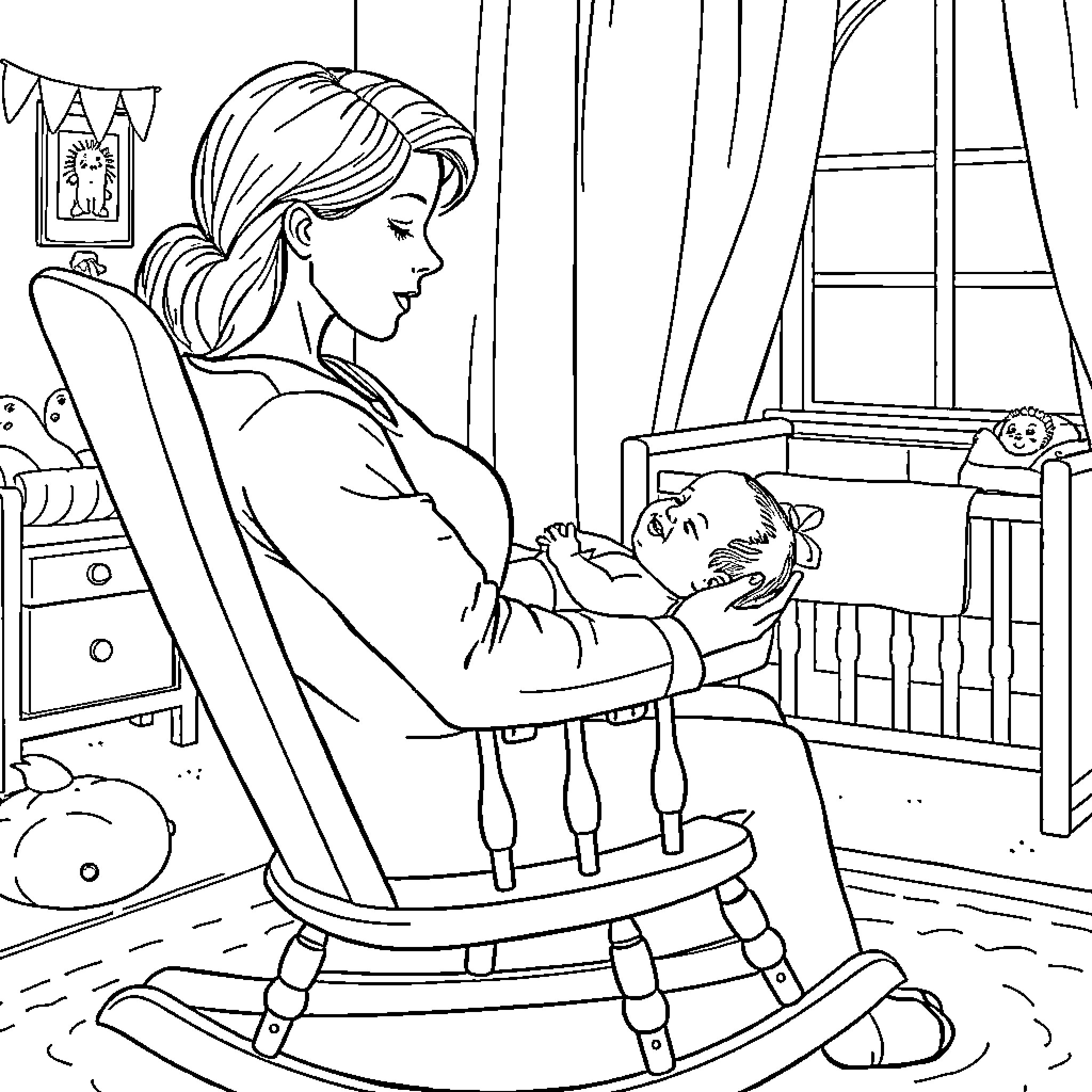 Baby rocking in chair while mother cares for infant Coloring Page (free black-and-white line drawing printable PDF for all, from beginners to advanced learners, including children, teens, adults, and seniors)
