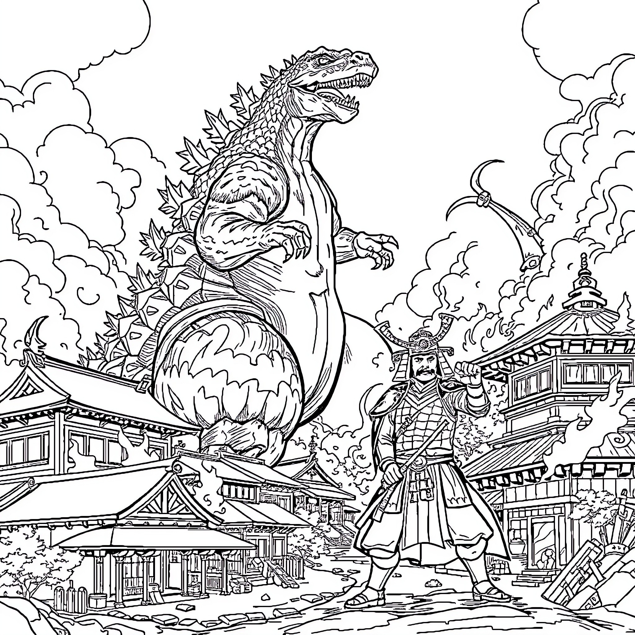 Godzilla Attacks Japanese City Coloring Page (free black-and-white line drawing printable PDF for all, from beginners to advanced learners, including children, teens, adults, and seniors)