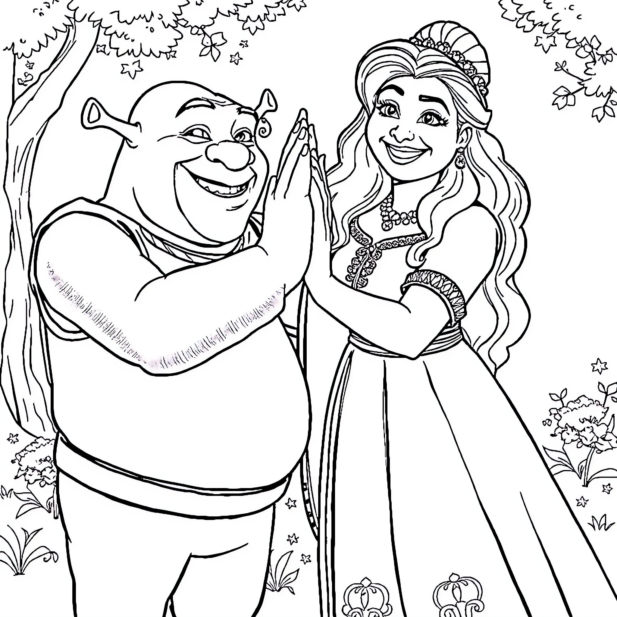 Shrek and Princess Fiona in a Fairytale Setting Coloring Page (free black-and-white line drawing printable PDF for all, from beginners to advanced learners, including children, teens, adults, and seniors)