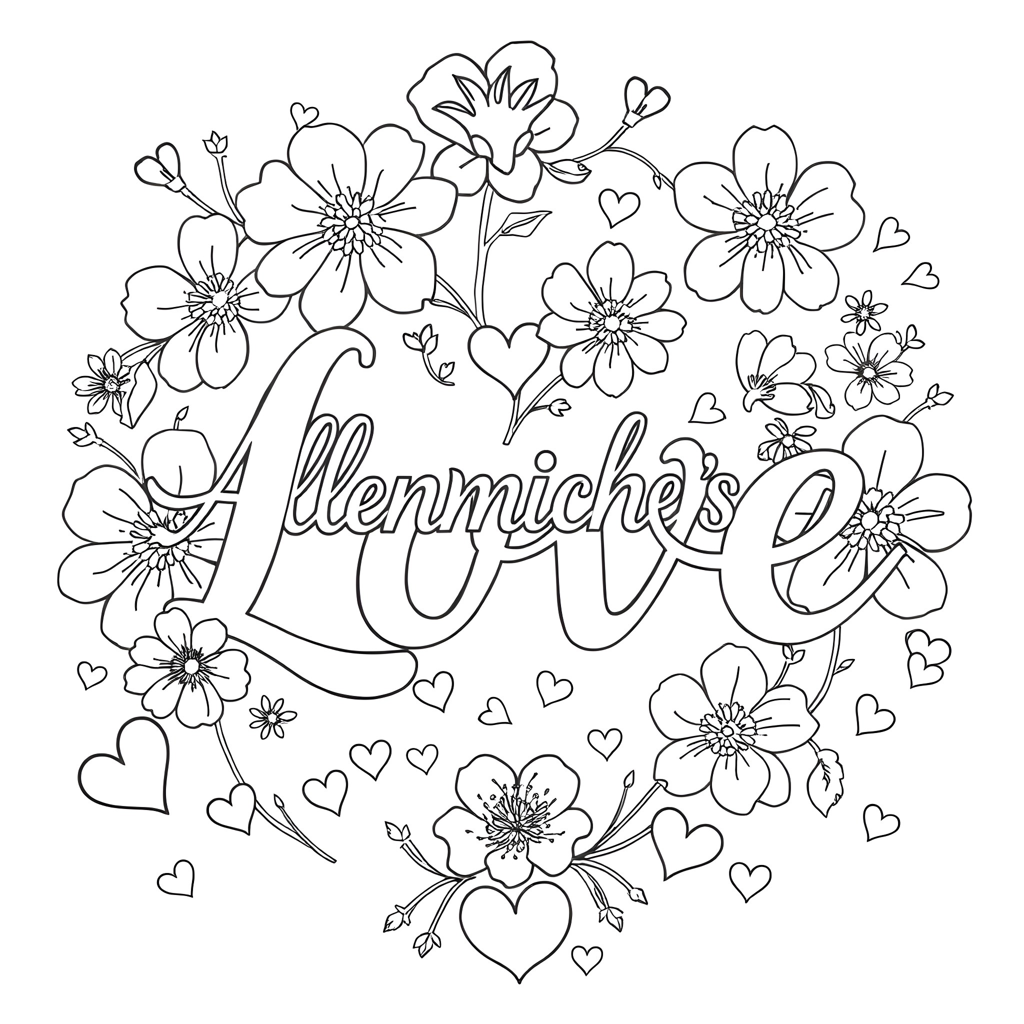 Floral design with the word 'Allenmichael' Coloring Page (free black-and-white line drawing printable PDF for all, from beginners to advanced learners, including children, teens, adults, and seniors)