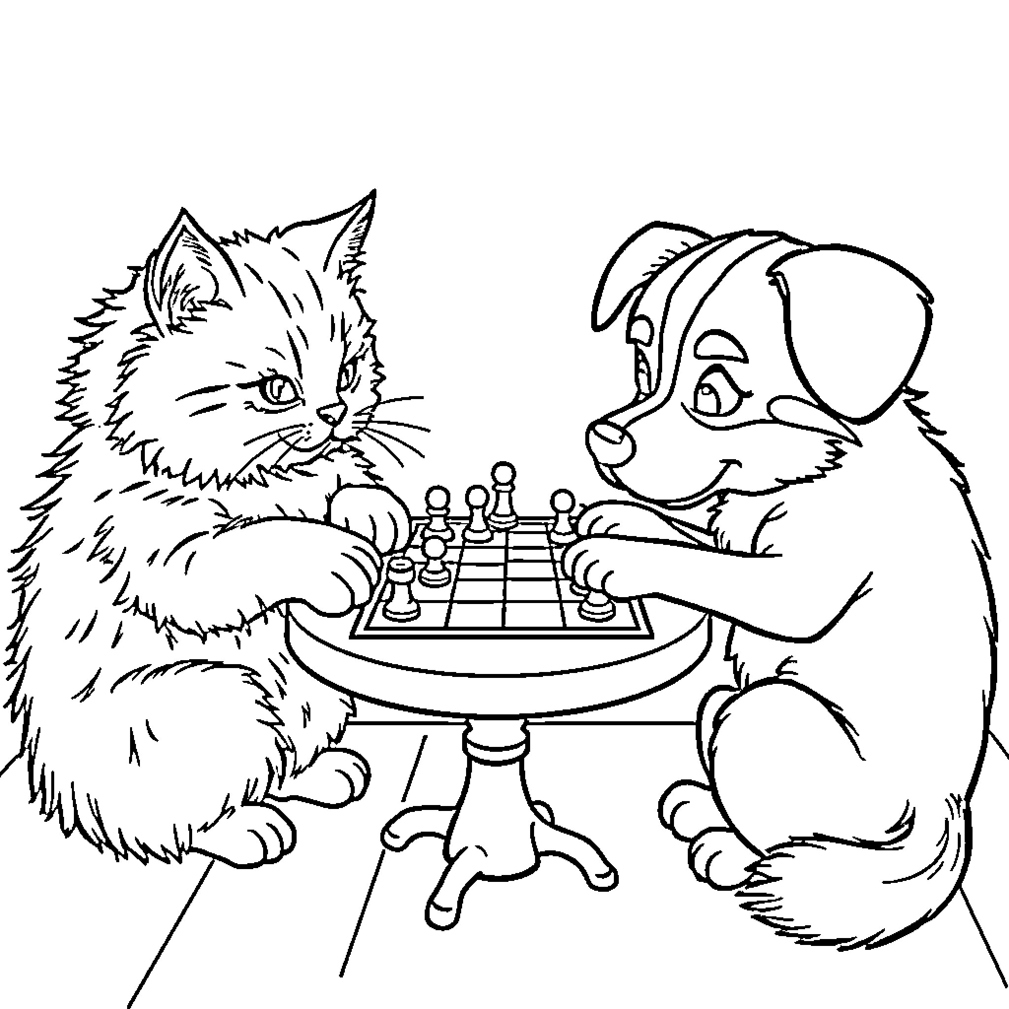 Cat and Dog Playing Chess Coloring Page (free black-and-white line drawing printable PDF for all, from beginners to advanced learners, including children, teens, adults, and seniors)