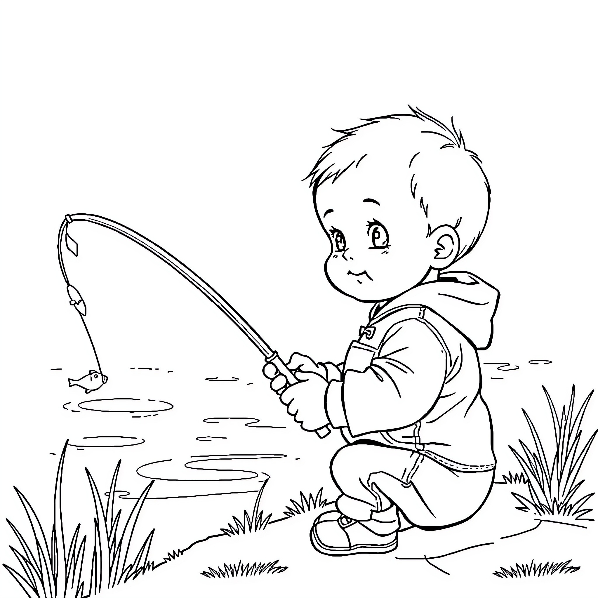 Baby fishing happily by the pond Coloring Page (free black-and-white line drawing printable PDF for all, from beginners to advanced learners, including children, teens, adults, and seniors)