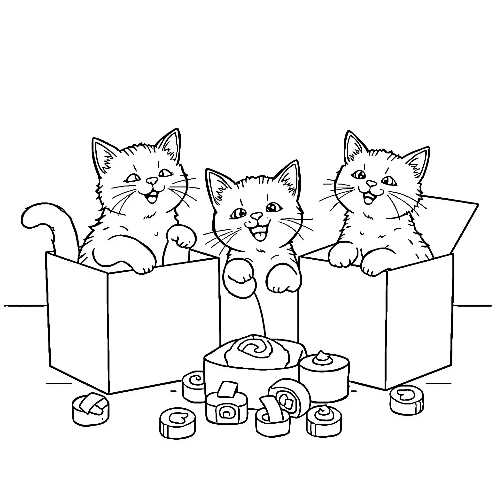 Cats playing curiously in a cardboard box Coloring Page (free black-and-white line drawing printable PDF for all, from beginners to advanced learners, including children, teens, adults, and seniors)