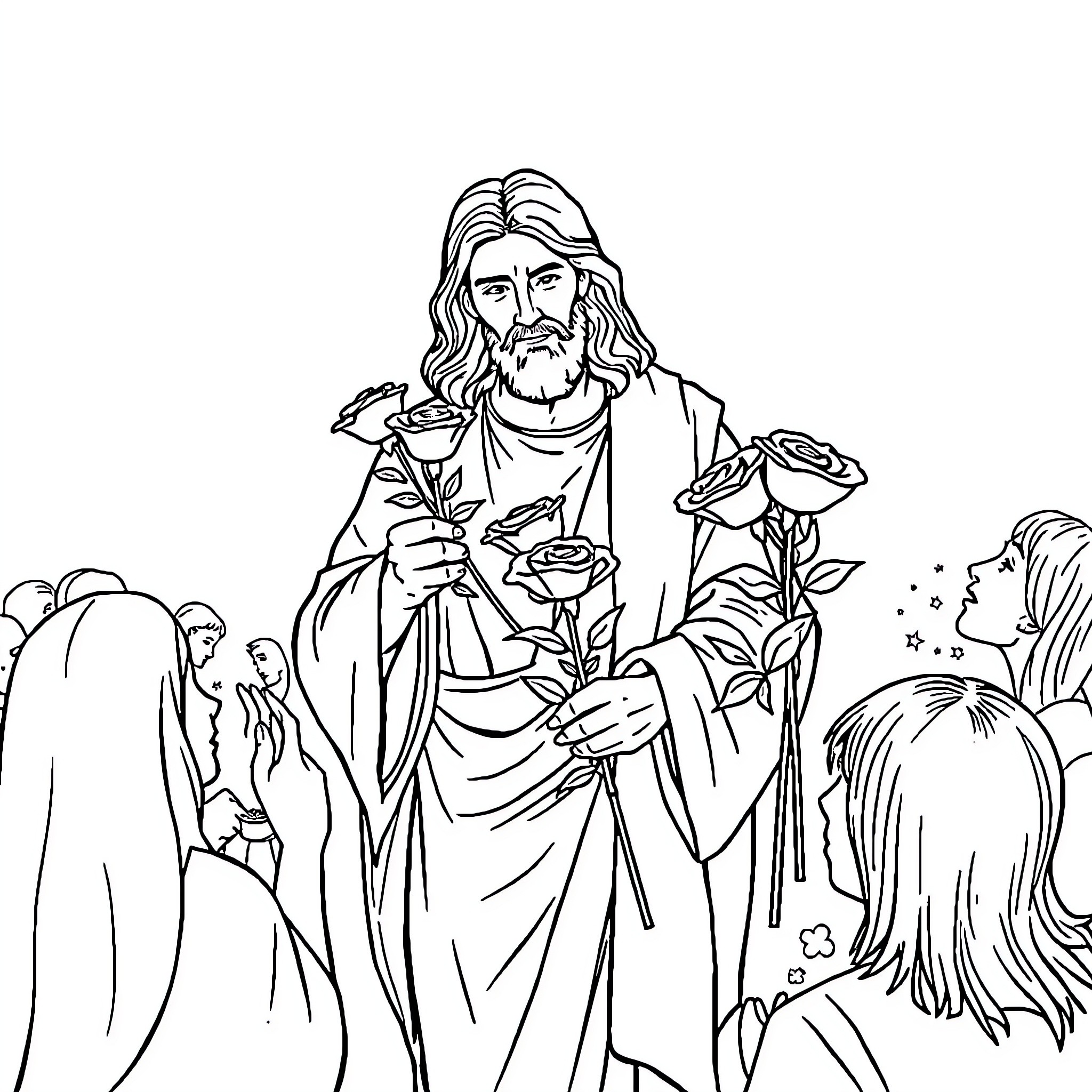 Jesus blesses people with flowers and kindness Coloring Page (free black-and-white line drawing printable PDF for all, from beginners to advanced learners, including children, teens, adults, and seniors)