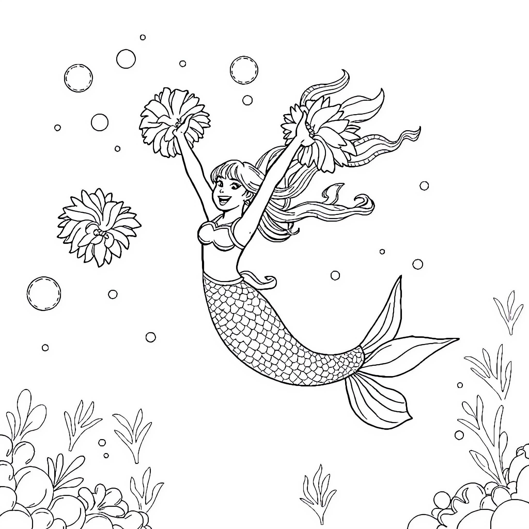 Mermaid swimming gracefully among sea flowers Coloring Page (free black-and-white line drawing printable PDF for all, from beginners to advanced learners, including children, teens, adults, and seniors)