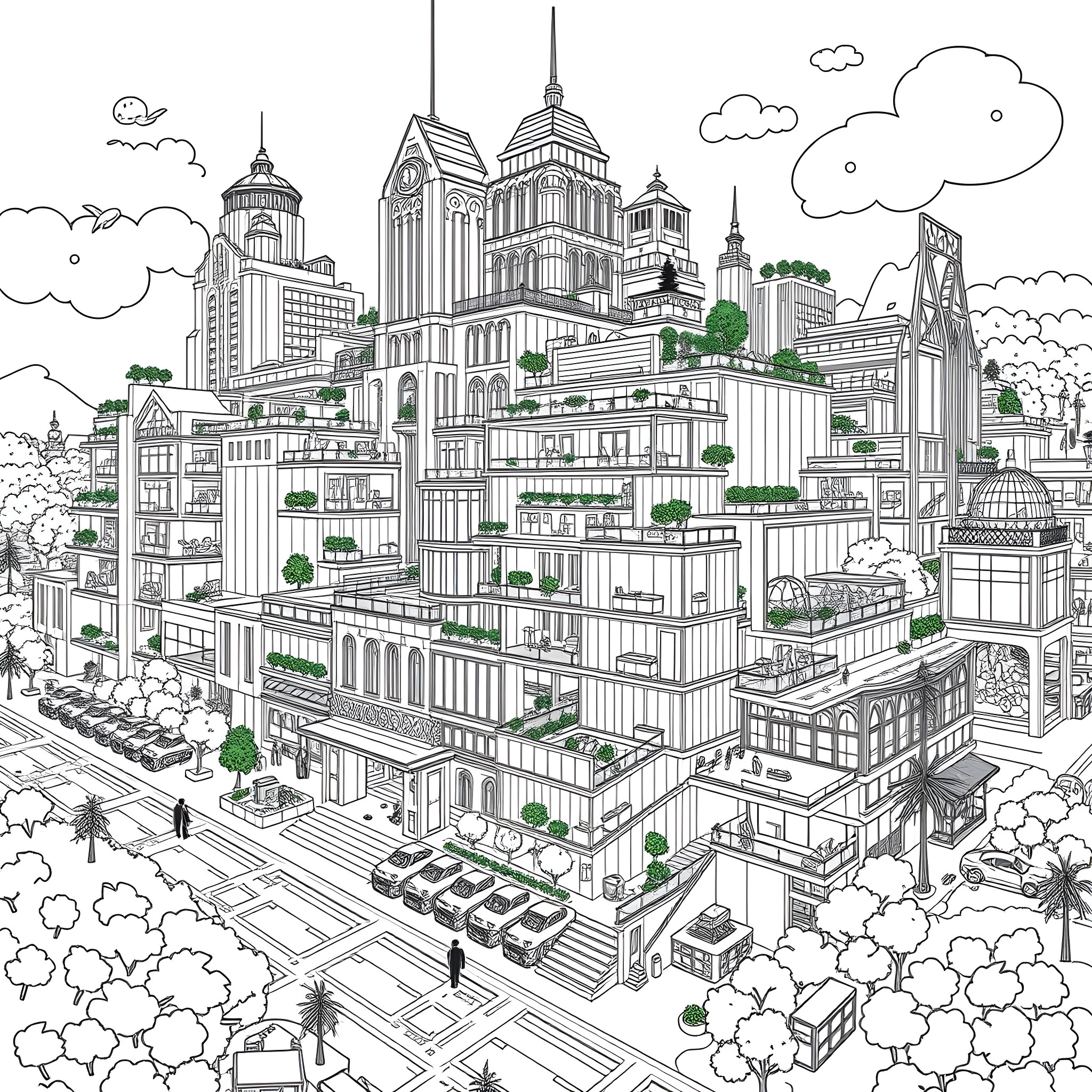 VB Bustling City Skyline with Architectural Details Coloring Page (free black-and-white line drawing printable PDF for all, from beginners to advanced learners, including children, teens, adults, and seniors)