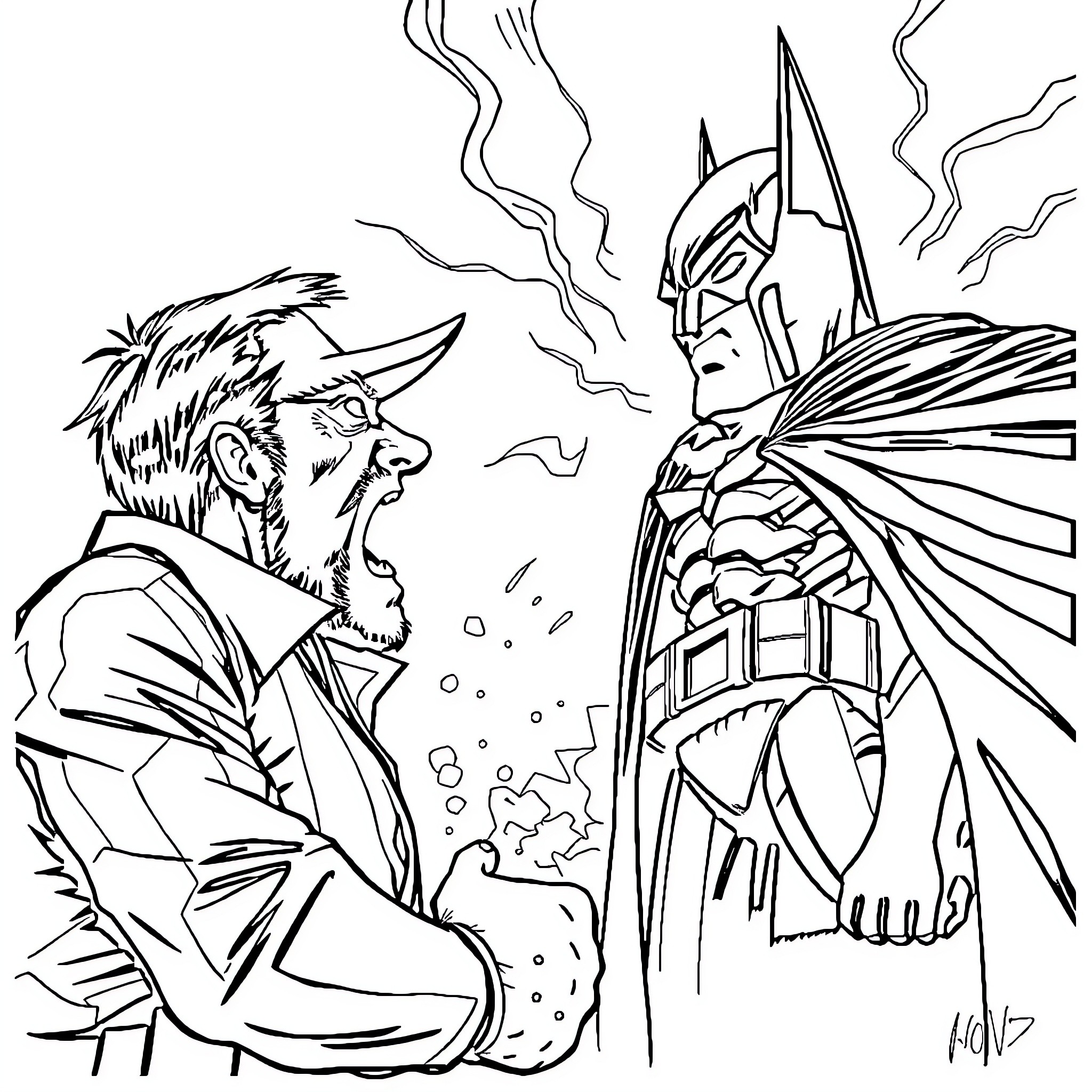 Otis' Confrontation with the Dark Knight Coloring Page (free black-and-white line drawing printable PDF for all, from beginners to advanced learners, including children, teens, adults, and seniors)