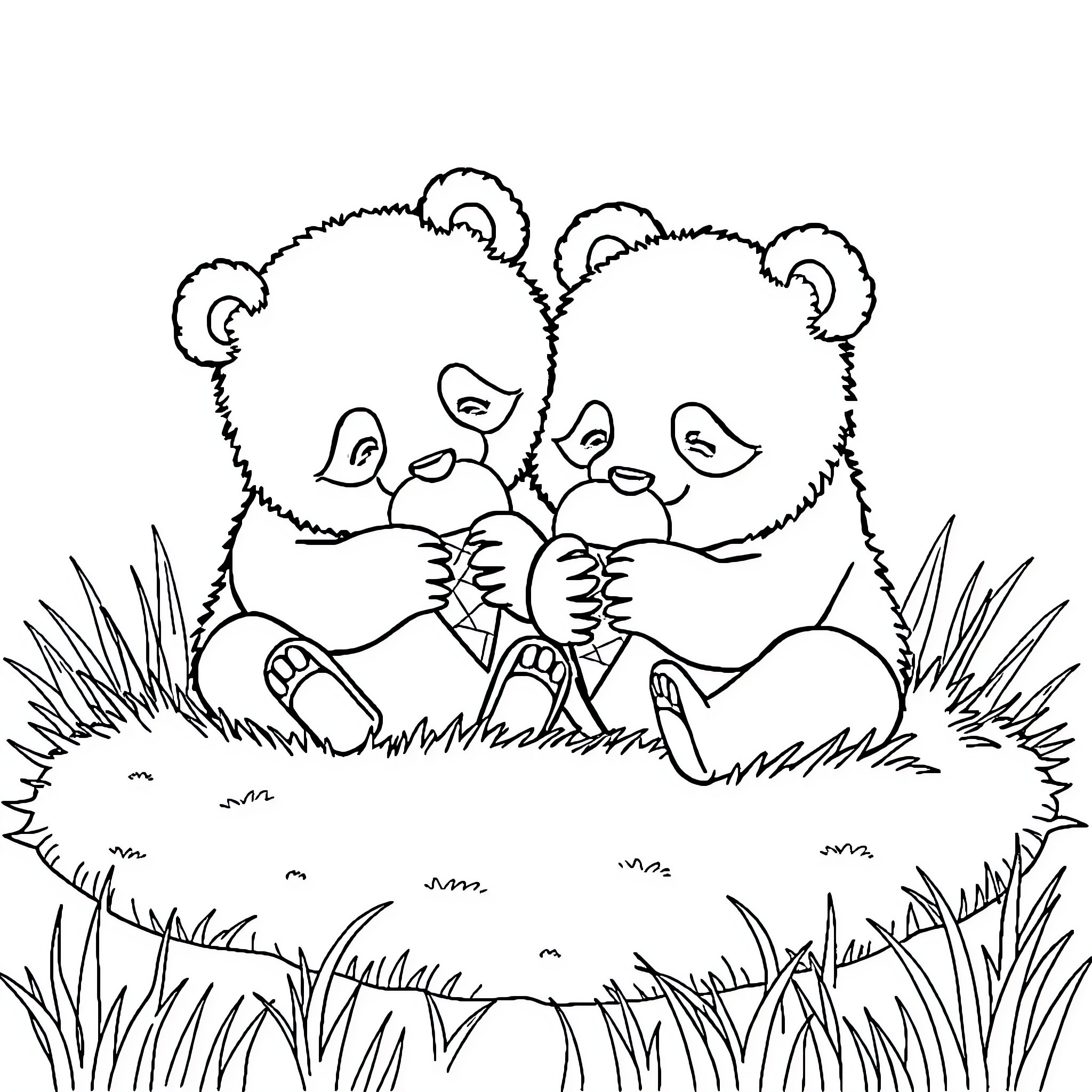 Panda bears cuddling together in the grass Coloring Page (free black-and-white line drawing printable PDF for all, from beginners to advanced learners, including children, teens, adults, and seniors)