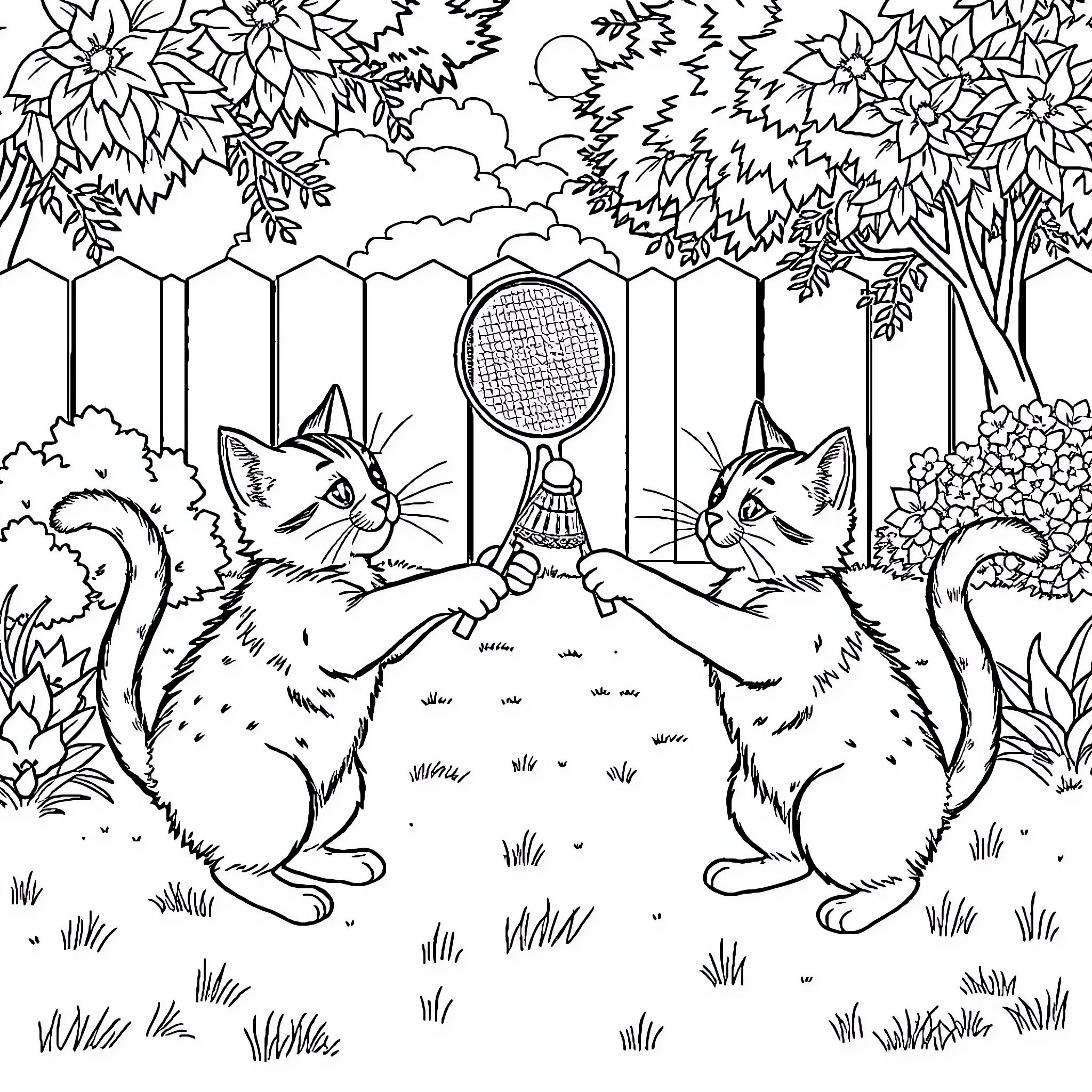 Cats playing with racket in backyard Coloring Page (free black-and-white line drawing printable PDF for all, from beginners to advanced learners, including children, teens, adults, and seniors)