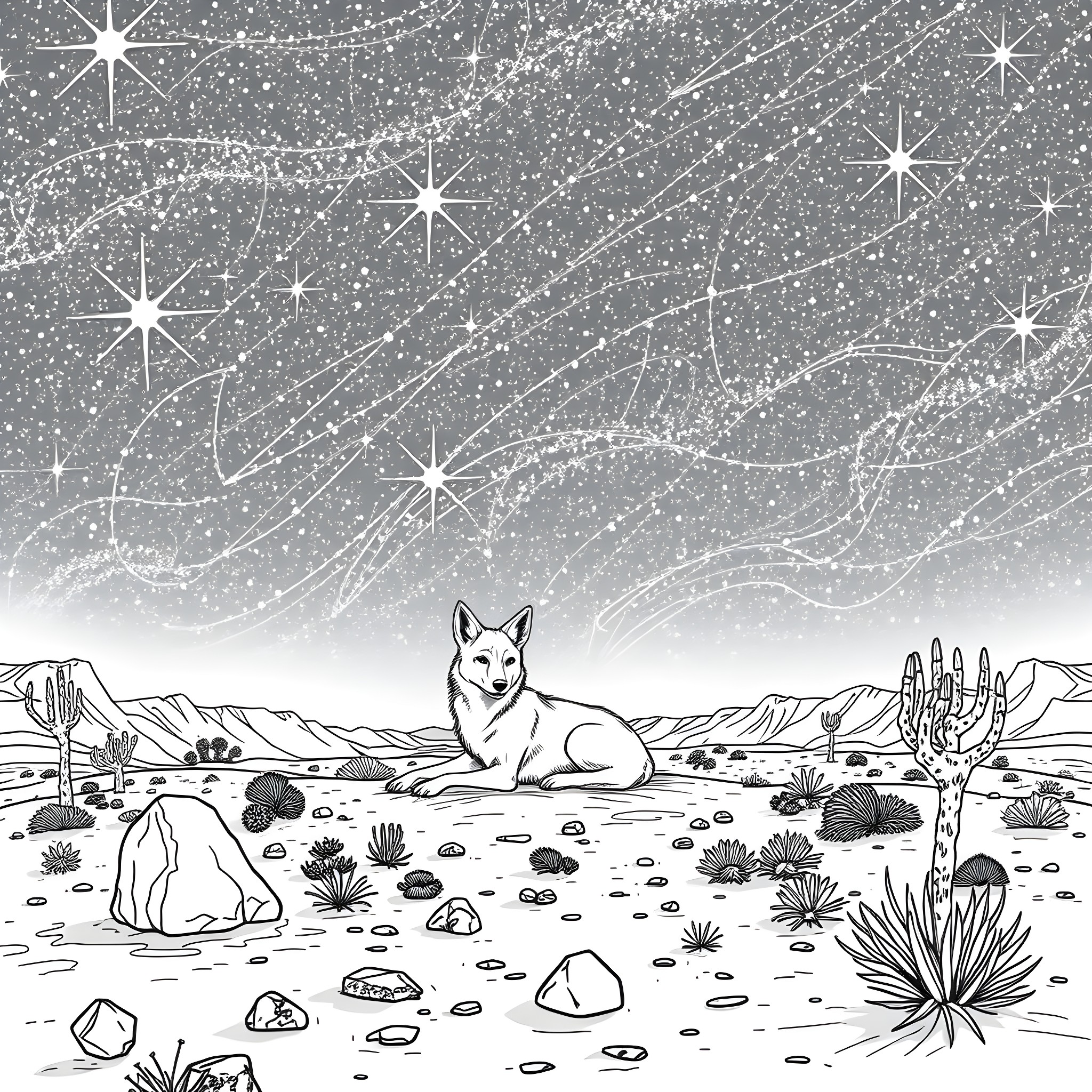 Coyote resting in the starry desert landscape Coloring Page (free black-and-white line drawing printable PDF for all, from beginners to advanced learners, including children, teens, adults, and seniors)