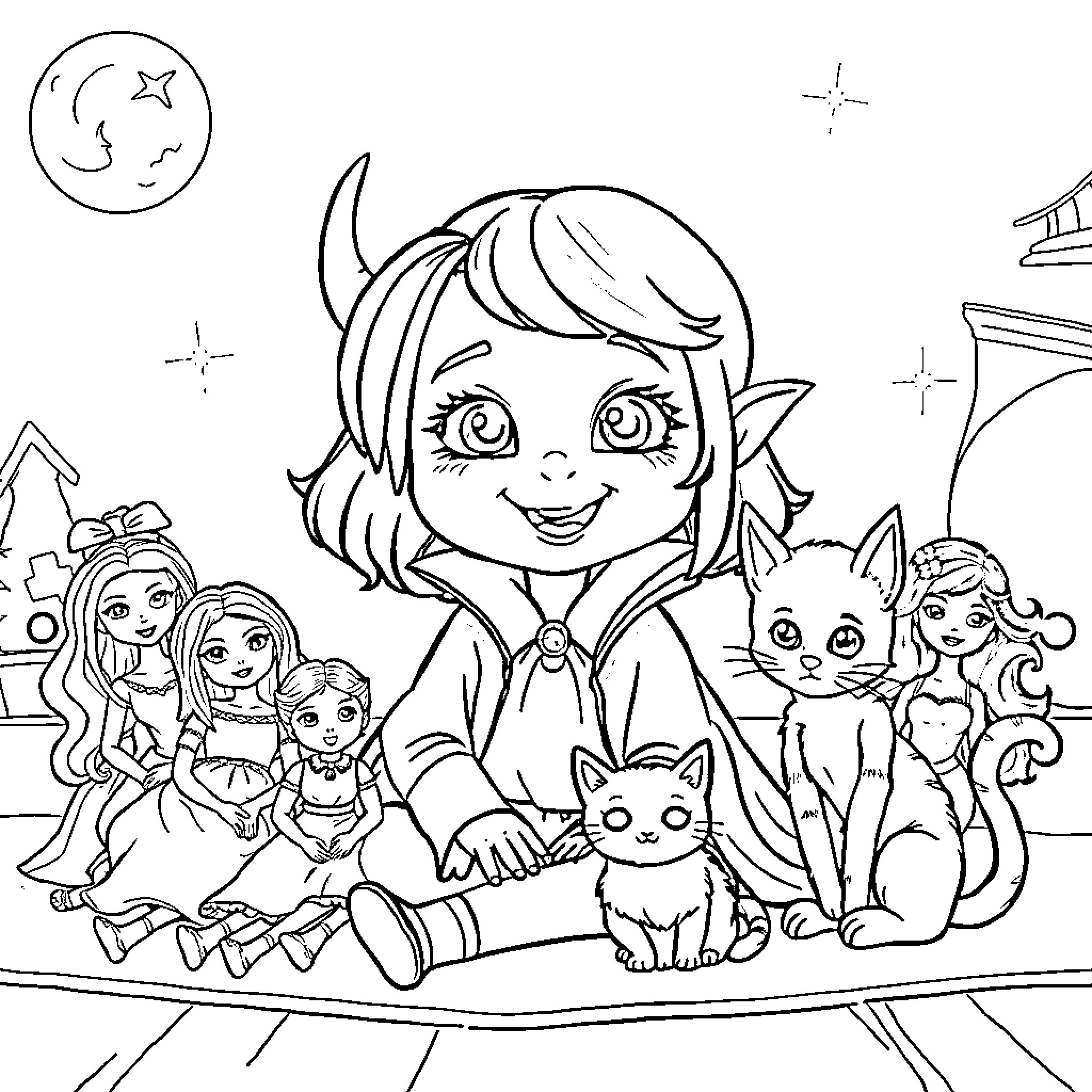 Vampire girl with friends and pets in a magical setting Coloring Page (free black-and-white line drawing printable PDF for all, from beginners to advanced learners, including children, teens, adults, and seniors)