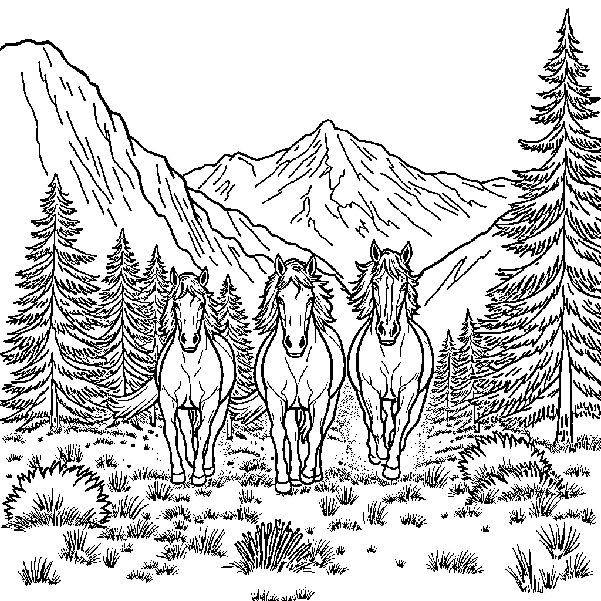 Quarter Horses galloping through scenic mountain landscape Coloring Page (free black-and-white line drawing printable PDF for all, from beginners to advanced learners, including children, teens, adults, and seniors)