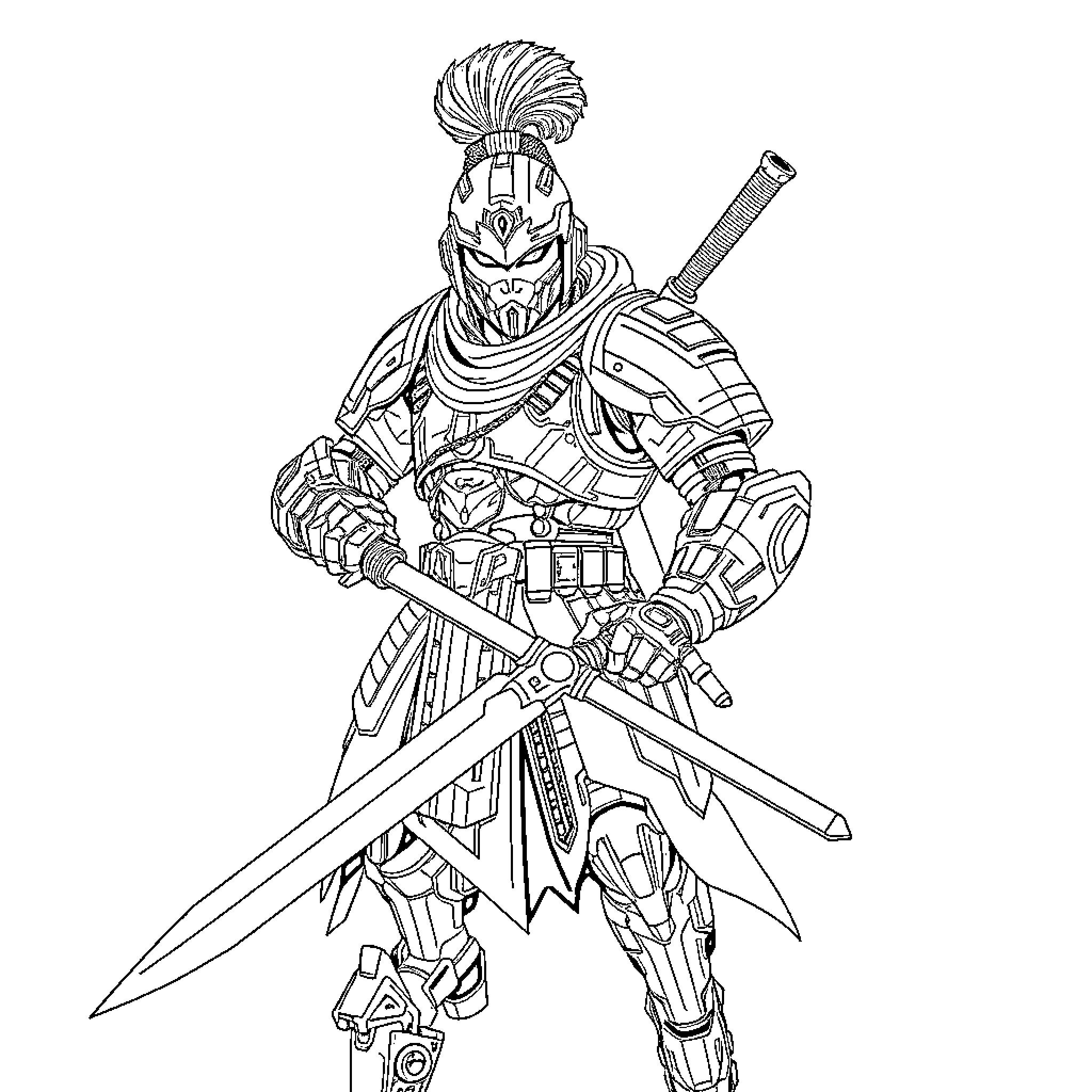 Mongolian Warrior in Battle Stance with Sword and Armor Coloring Page (free black-and-white line drawing printable PDF for all, from beginners to advanced learners, including children, teens, adults, and seniors)
