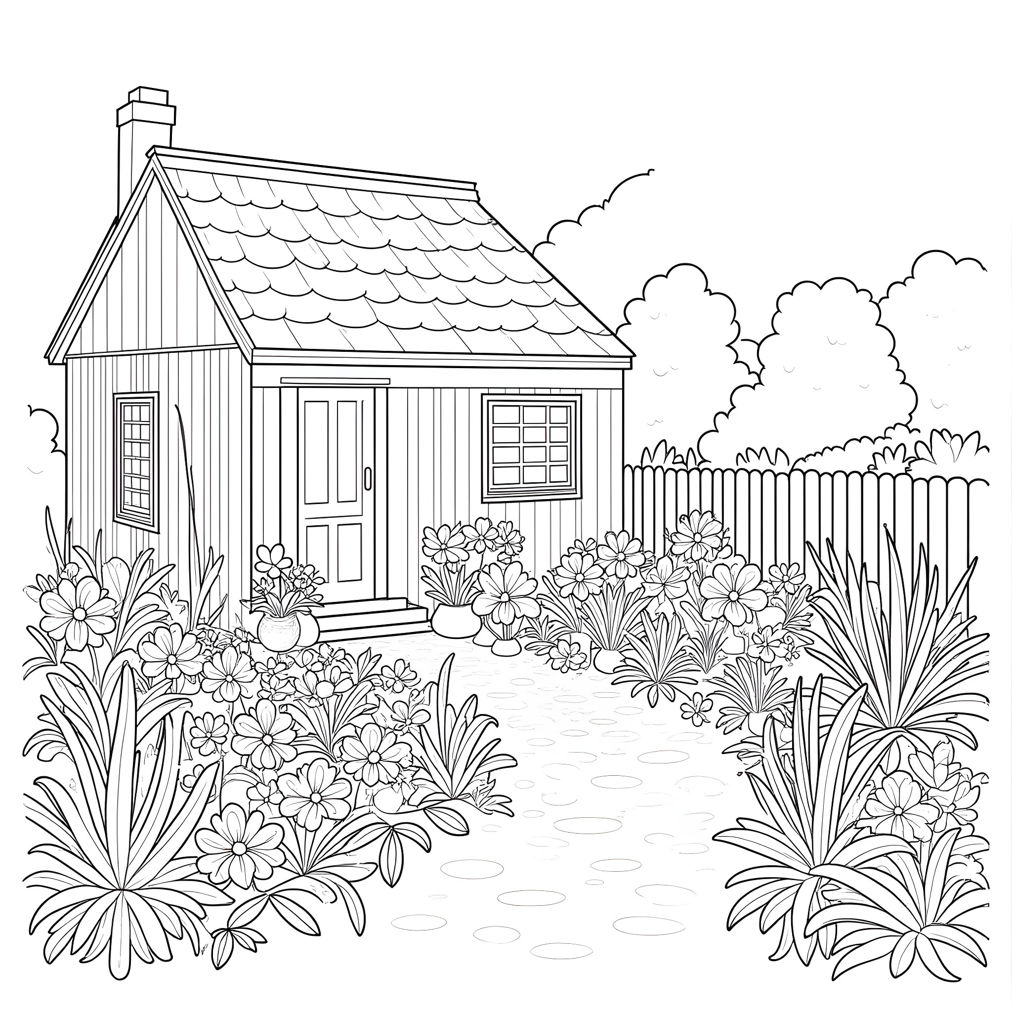 Cottage in a Lush Floral Garden Coloring Page (free black-and-white line drawing printable PDF for all, from beginners to advanced learners, including children, teens, adults, and seniors)