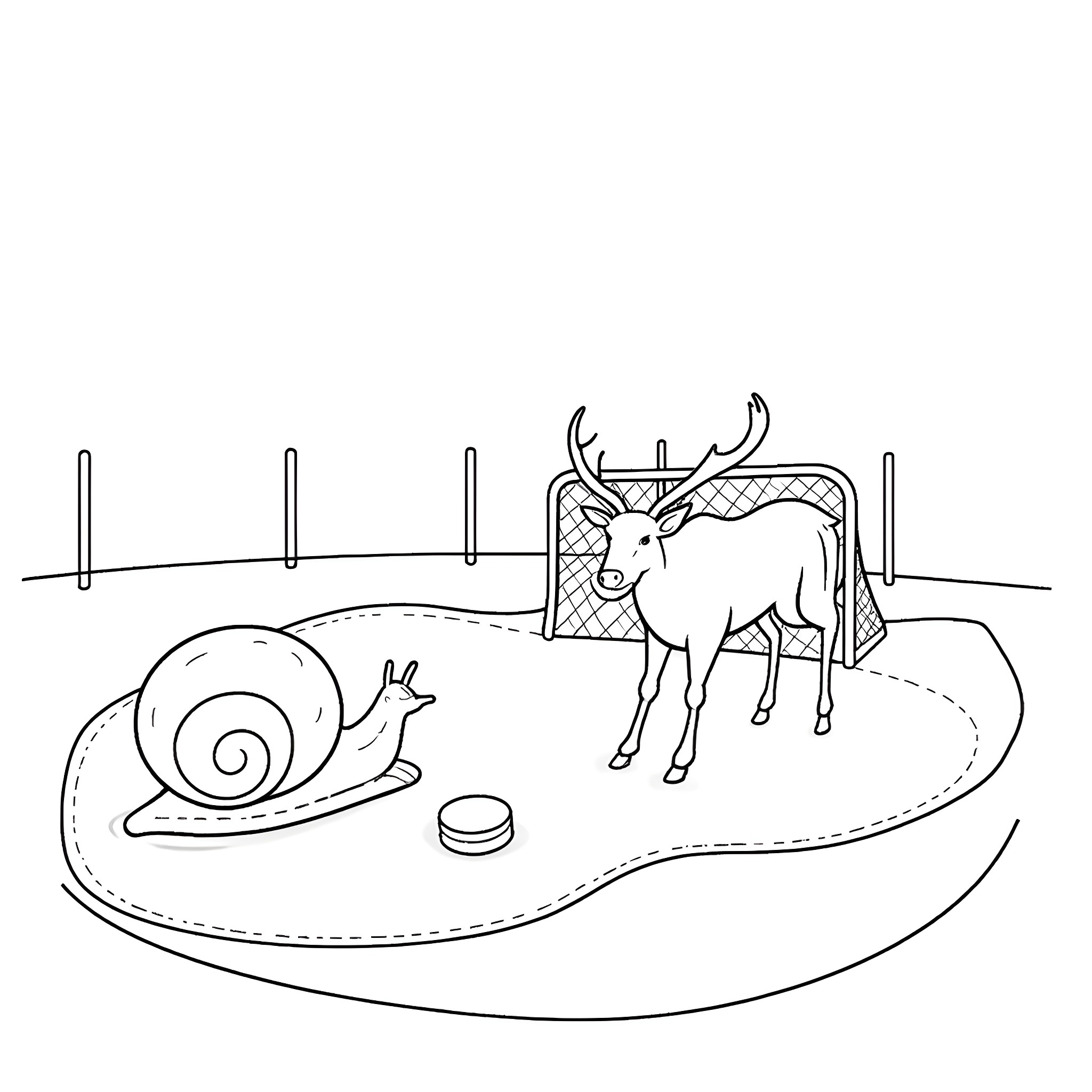 Snail and deer sharing an outdoor scene Coloring Page (free black-and-white line drawing printable PDF for all, from beginners to advanced learners, including children, teens, adults, and seniors)