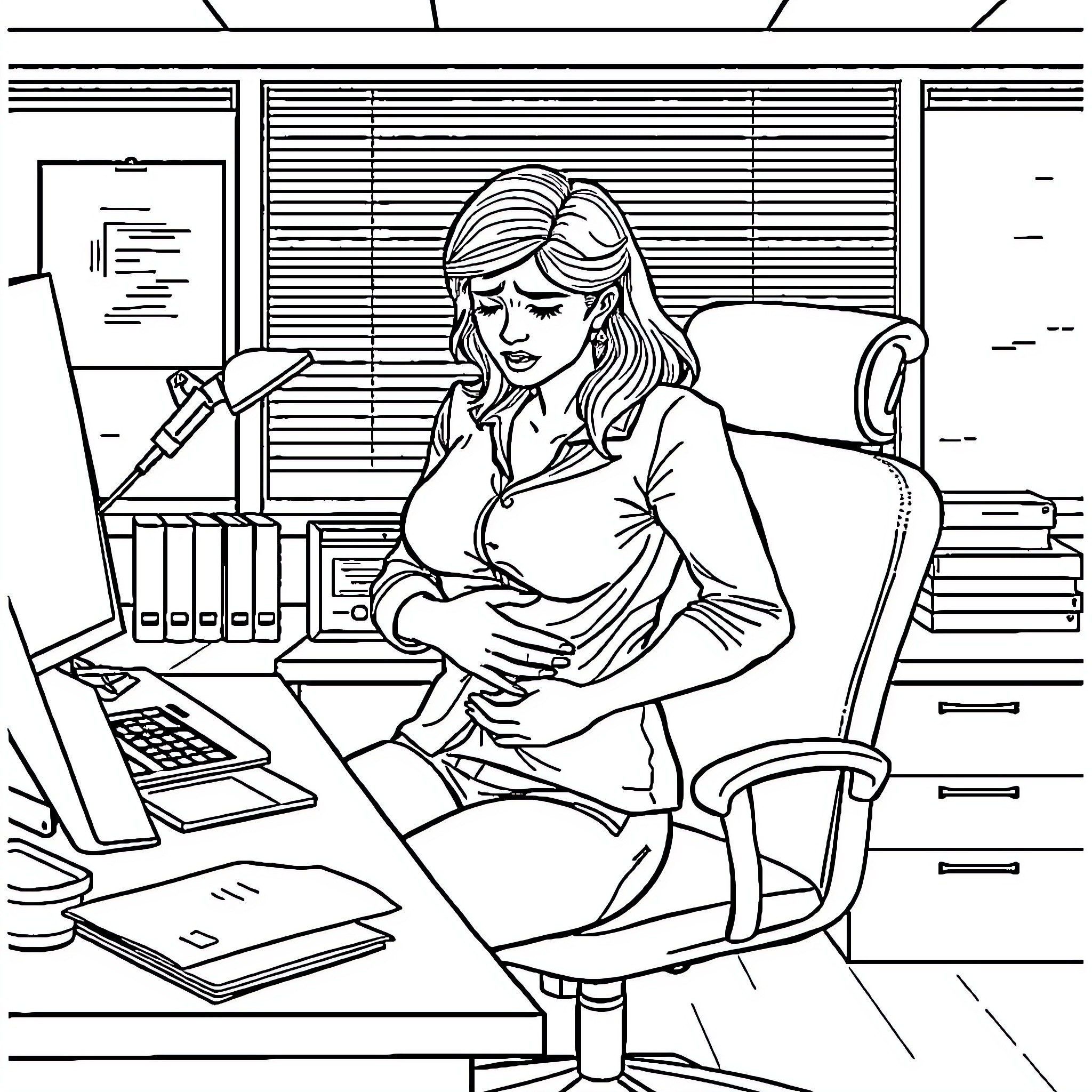 Woman working diligently at her desk Coloring Page (free black-and-white line drawing printable PDF for all, from beginners to advanced learners, including children, teens, adults, and seniors)