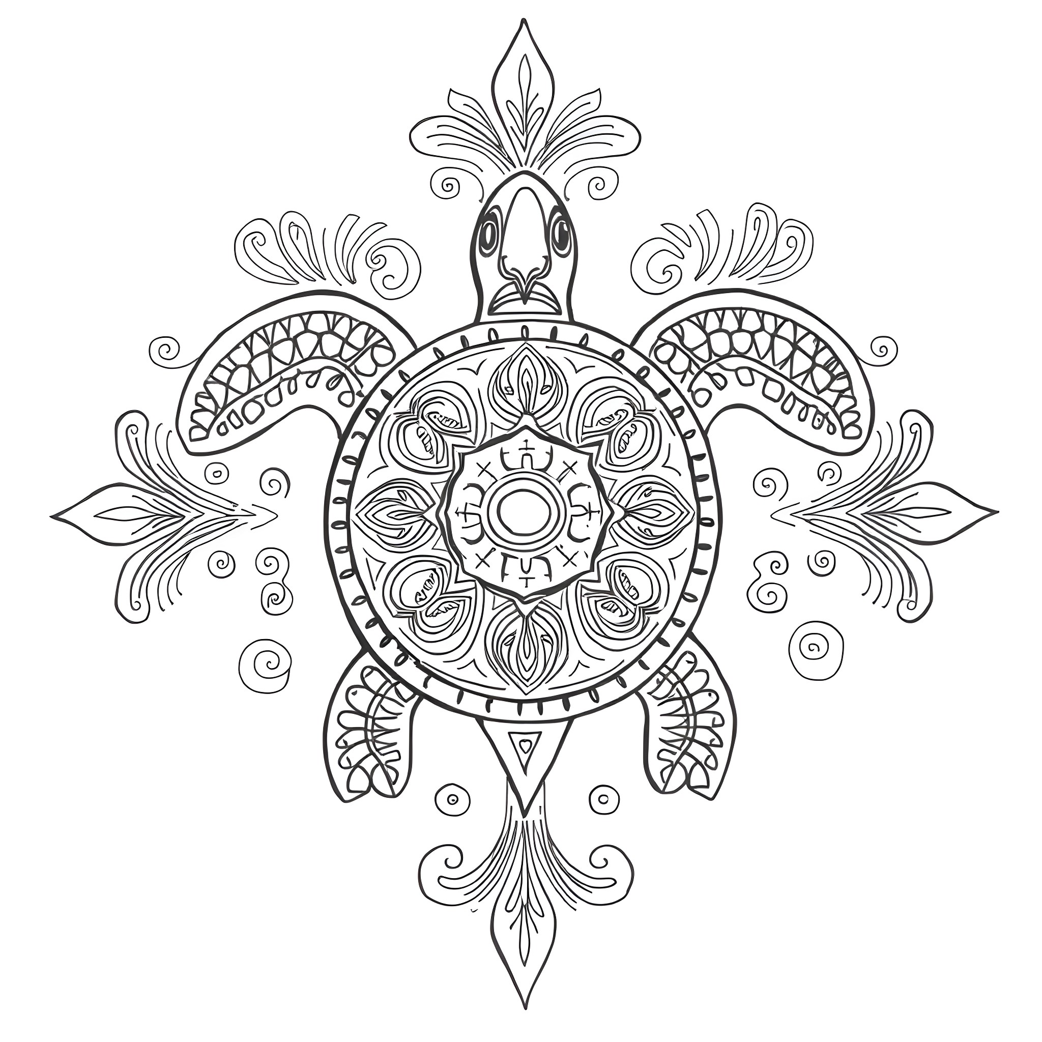 Turtle with intricate mandala-style design Coloring Page (free black-and-white line drawing printable PDF for all, from beginners to advanced learners, including children, teens, adults, and seniors)